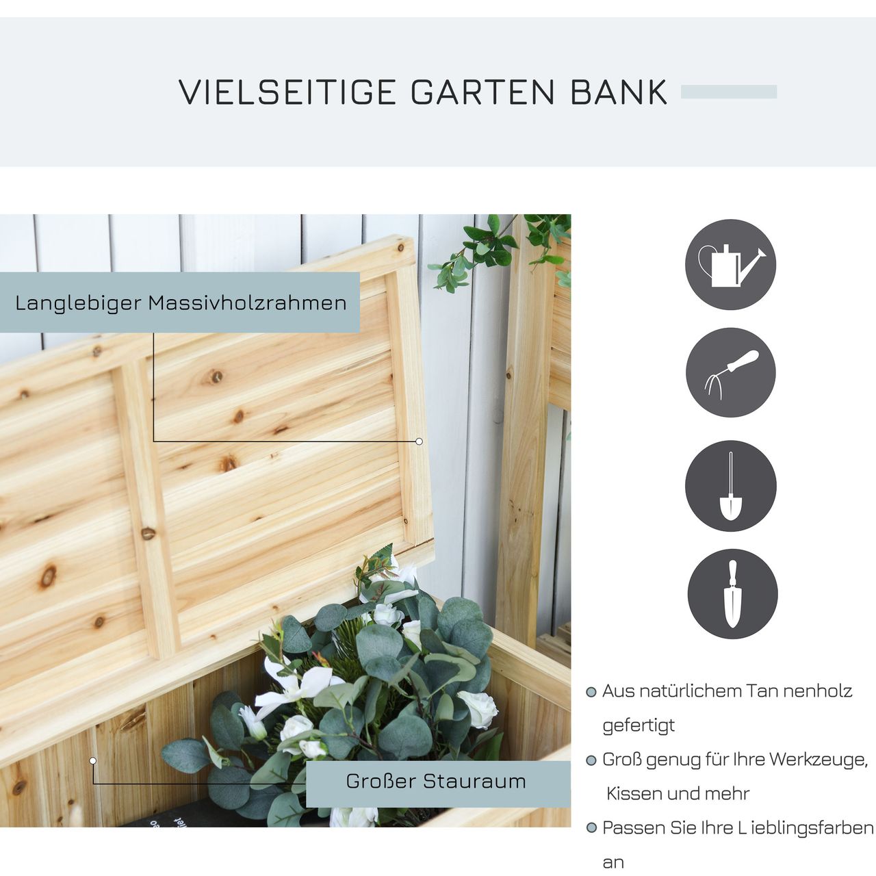 Outsunny Gartenbank mit Stauraum Natur 115 x 45 x 75 cm