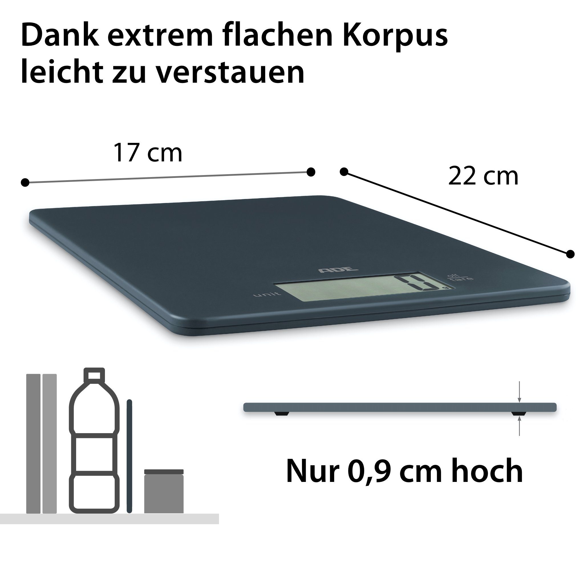 ADE Küchenwaage extrem flache Waage, nur 9mm hoch, platzsparend verstaubar, besonders präzise bis 5 kg