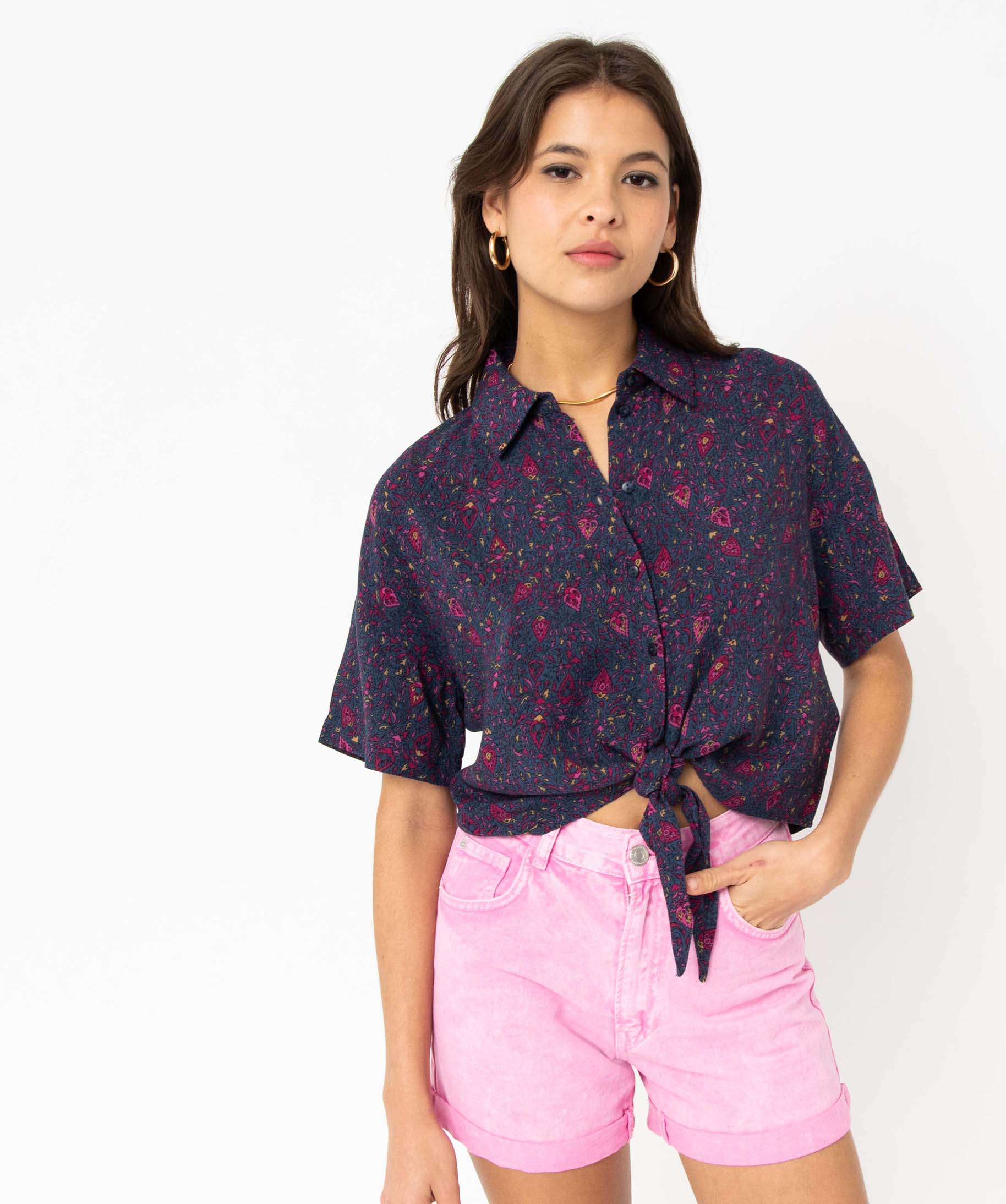 Chemise courte imprimée nouée dans le bas femme imprime | GEMO