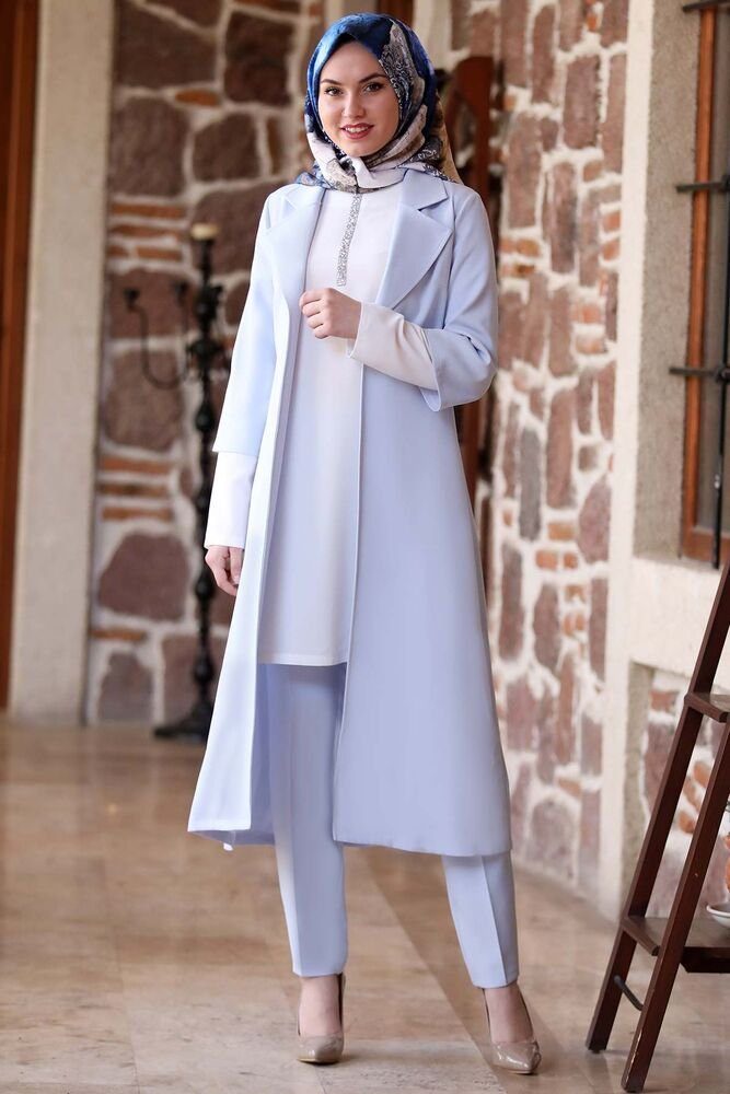 Modavitrini Anzug 3-teilig Damen Tunika Anzug Dreiteiler Sakko Longtunika mit Hose Hijab Mode (Set, Sakko & Bluse & Hose) Armdetail