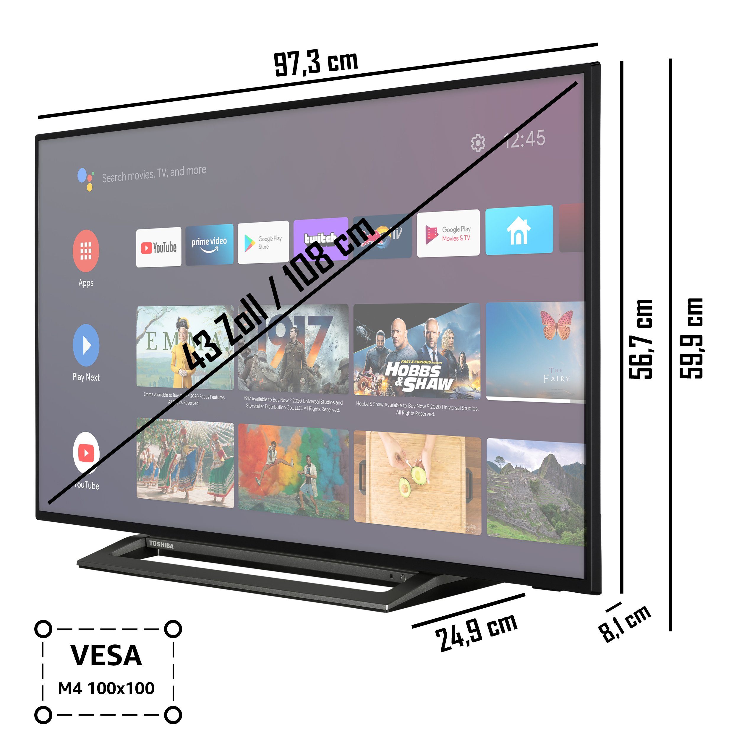 Toshiba 43LA3B63DGW LCD-LED Fernseher (108 cm/43 Zoll, Full HD, Android TV, Triple-Tuner, Play Store, Google Assistant, PVR-ready)
