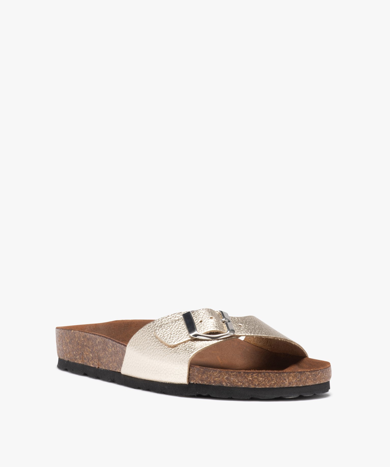 Mules femme à talon plat et bride ajustable en cuir or | GEMO