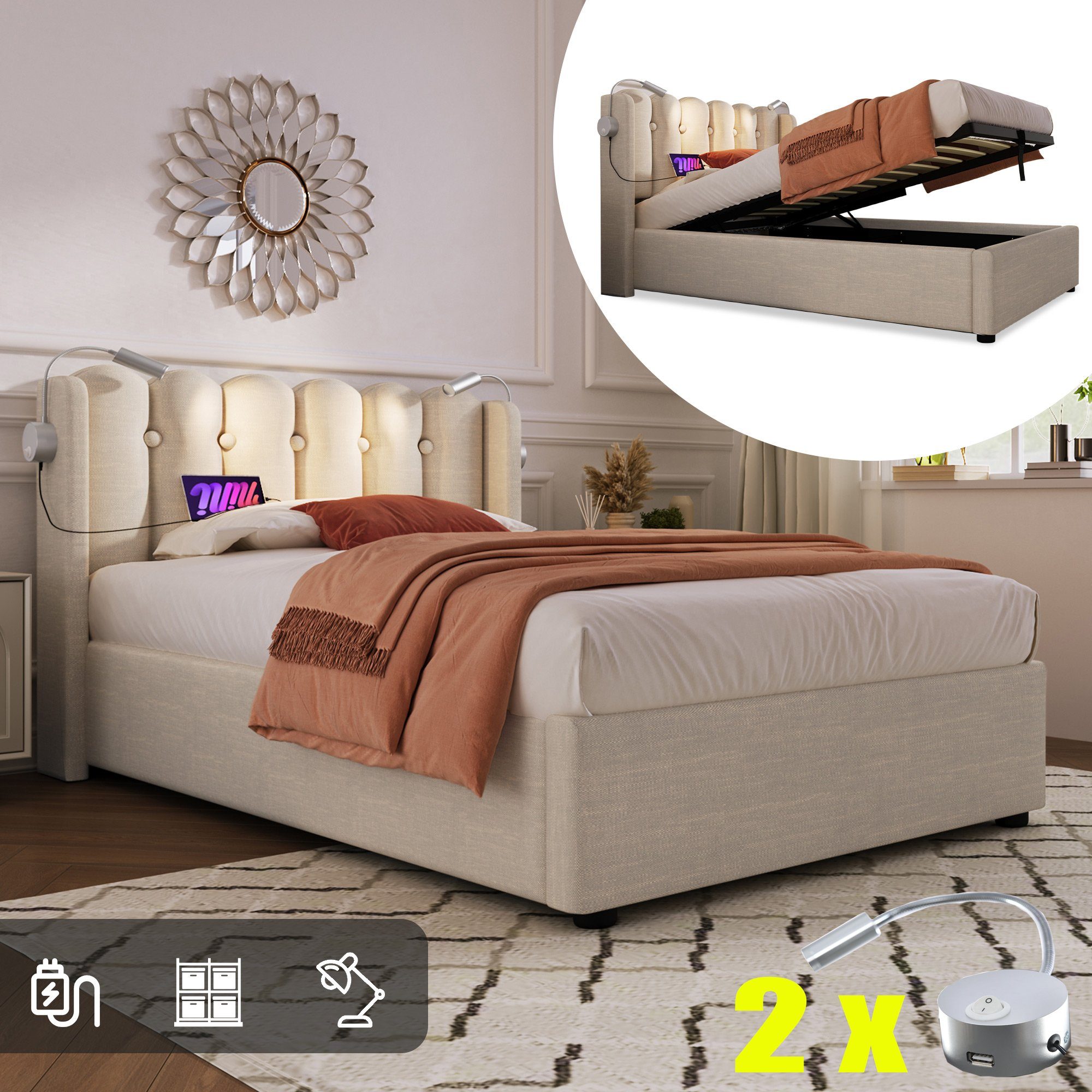 Fangqi Polsterbett 90x200 gepolstertes Bett,2 Leselampen,USB-Aufladung,großer Bettkasten (Einzelbett, Jugendbett, Familienbett, Weicher Bettrahmen, USBx2, Leselampex2, Bettkasten), Bettkasten mit Oxford-Tuch, Eisenrahmen, Gasdruckfederbetten