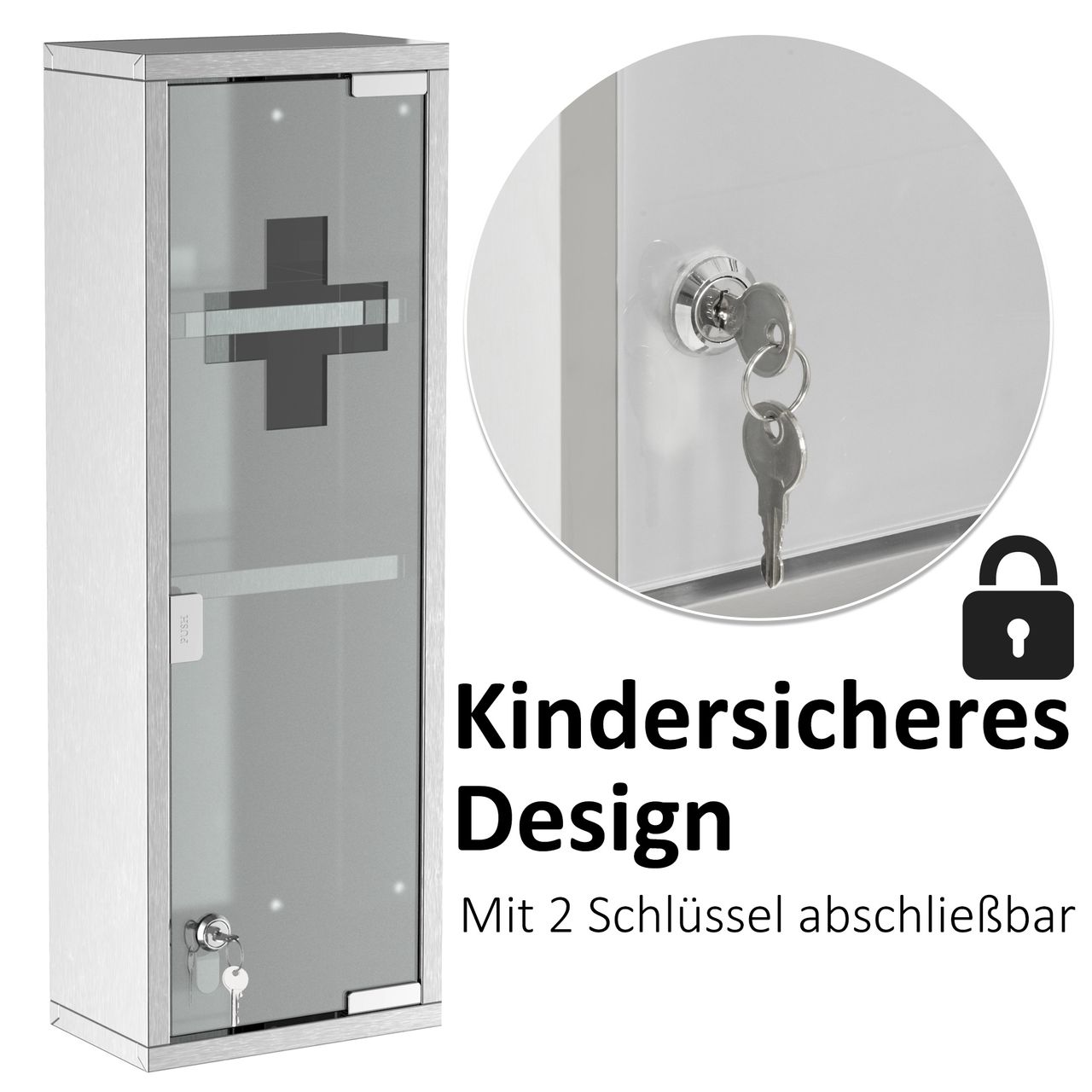 kleankin Medizinschrank Arzneischrank Erste-Hilfe-Schrank mit Schloss 3 Fächer Mattglas 430 Edelstahl gehärtete Glastür Silber 20 x 12 x 58 cm