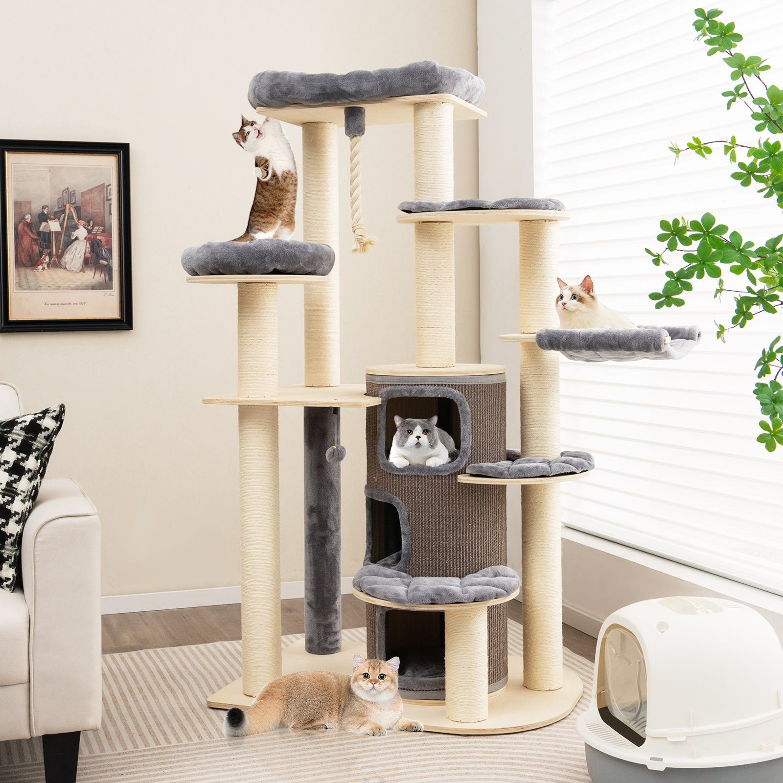 COSTWAY Kratzbaum Katzenbaum, 173cm deckenhoch, mit 3 Katzenhöhle