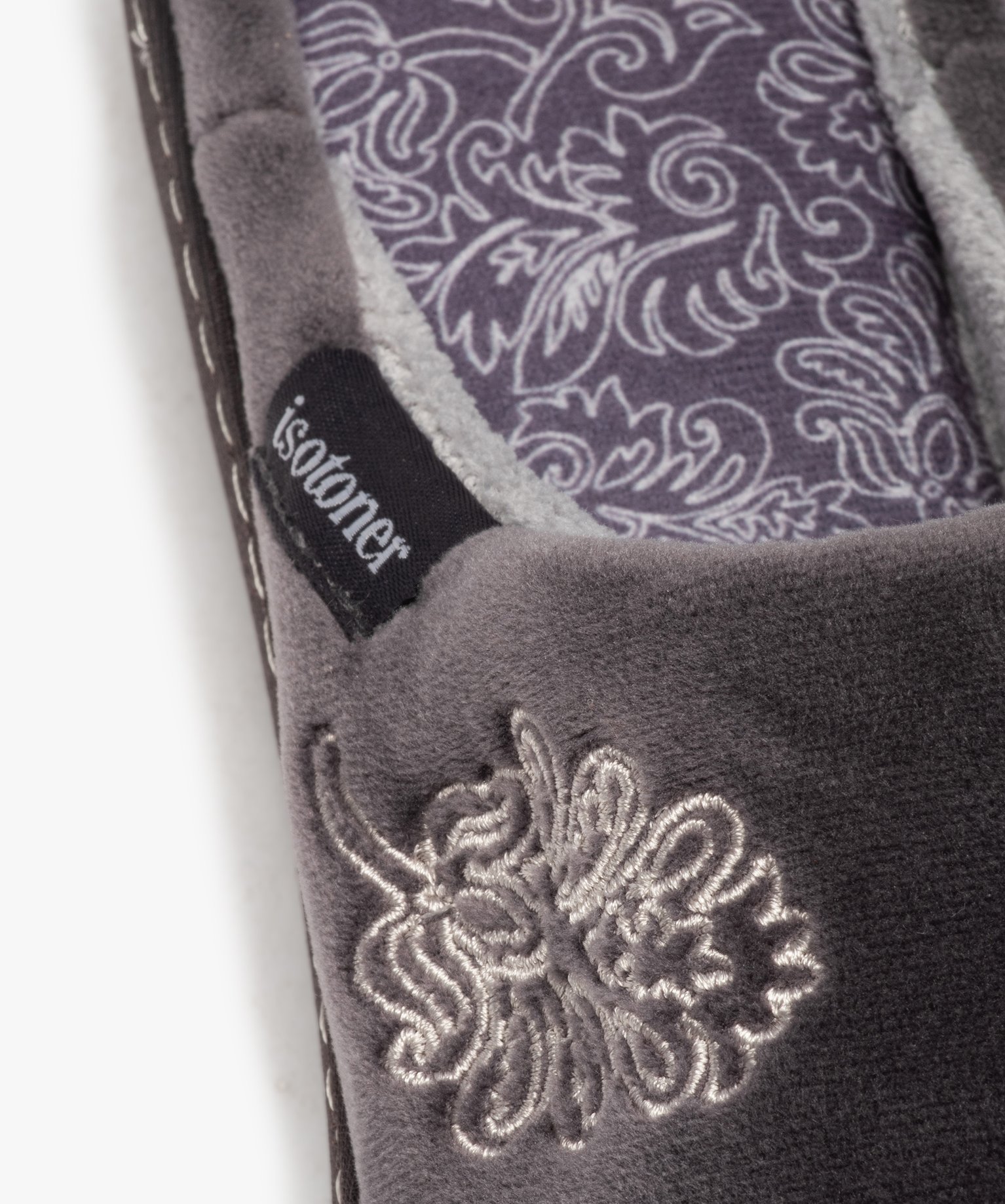 Chaussons femme mules en velours brodé - Isotoner gris | GEMO