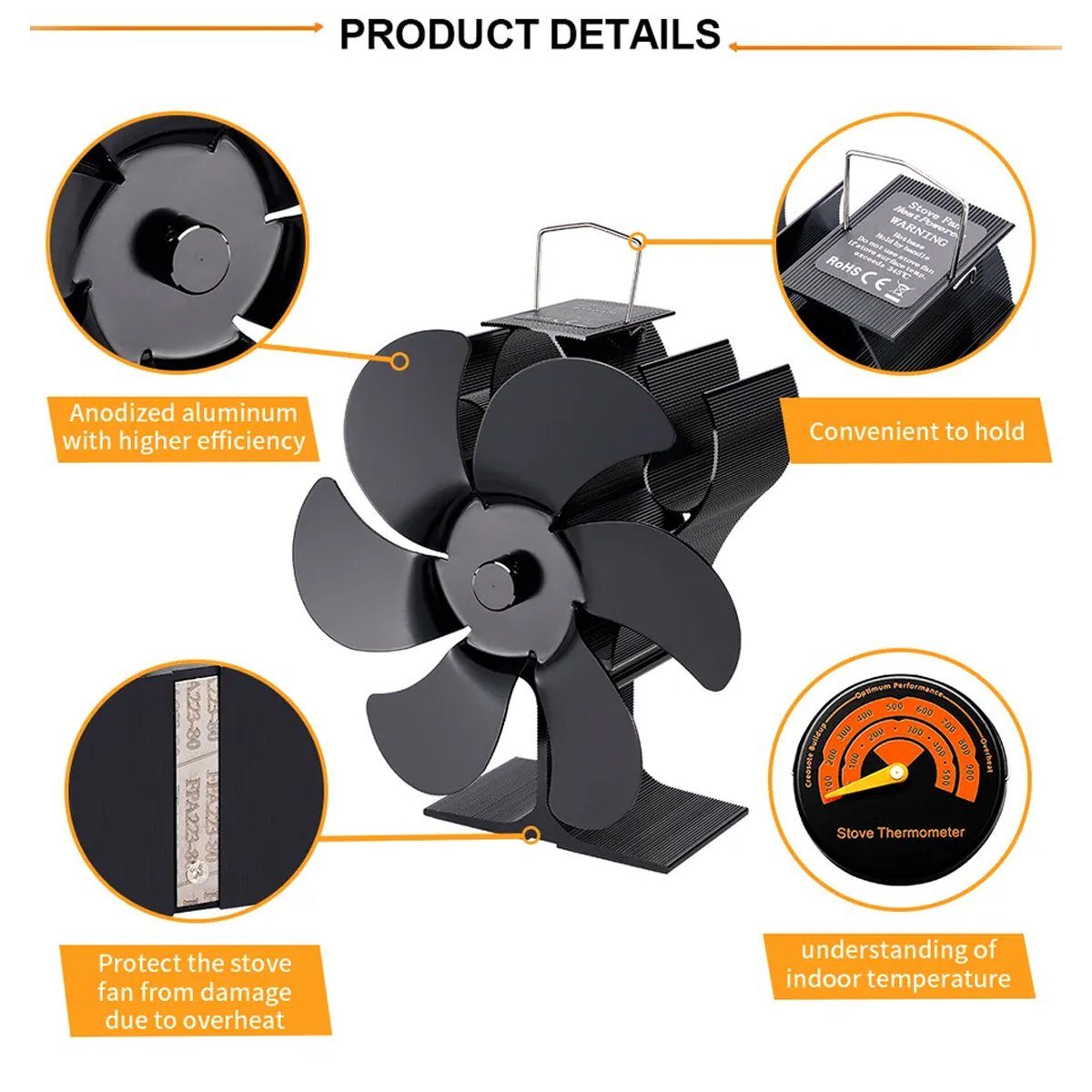 meeteu Kaminventilator 6 Flügel Stromloser Kaminofen Ventilator Stove Fan, Ofenventilator Kaminofen Gebläse Lüfter Holzofen
