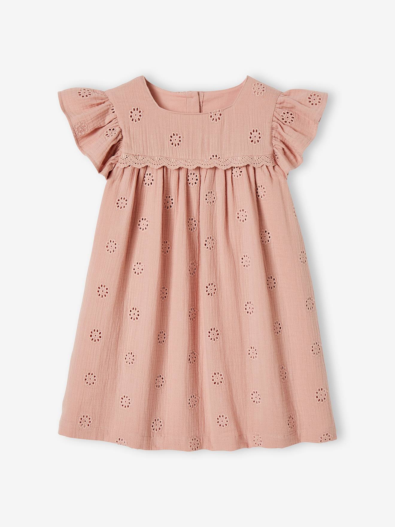 Robe en gaze de coton brodée fleurs fille rose poudré