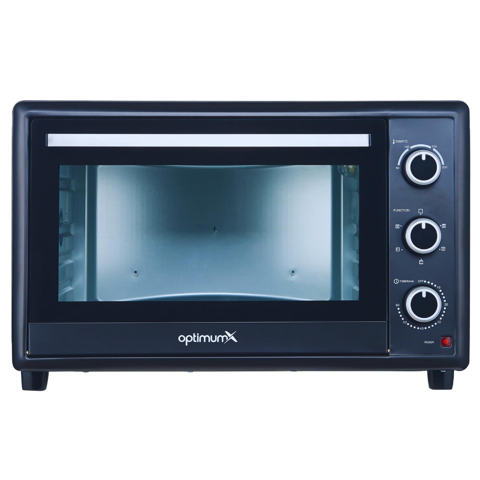 optimumX Minibackofen 60 Liter XXL mit Umluft, 2200W, Backblech und Gitter-Set, 5 Kochfunktionen, 60 min, Doppelverglassung, 90-230°C