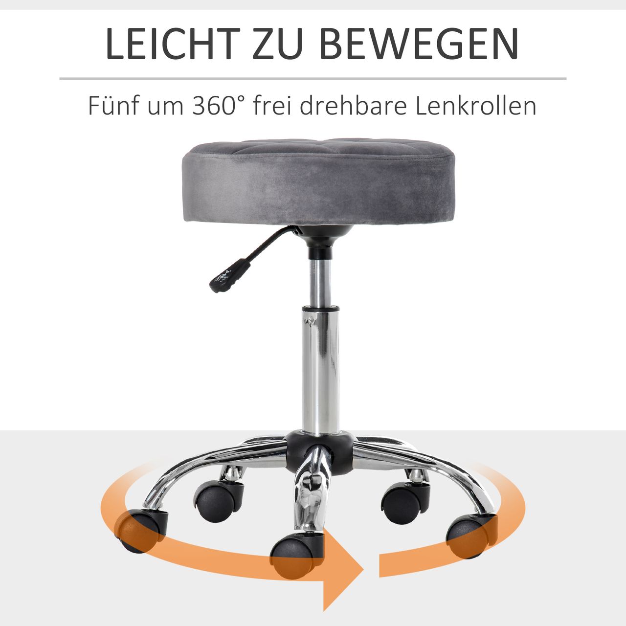 HOMCOM Salonstuhl mit Rädern Rollhocker höhenverstellbar drehbar Salon Hocker Samt-Touch Schaumstoff Chrom-Basis Grau 35 x 35 x 49-61 cm