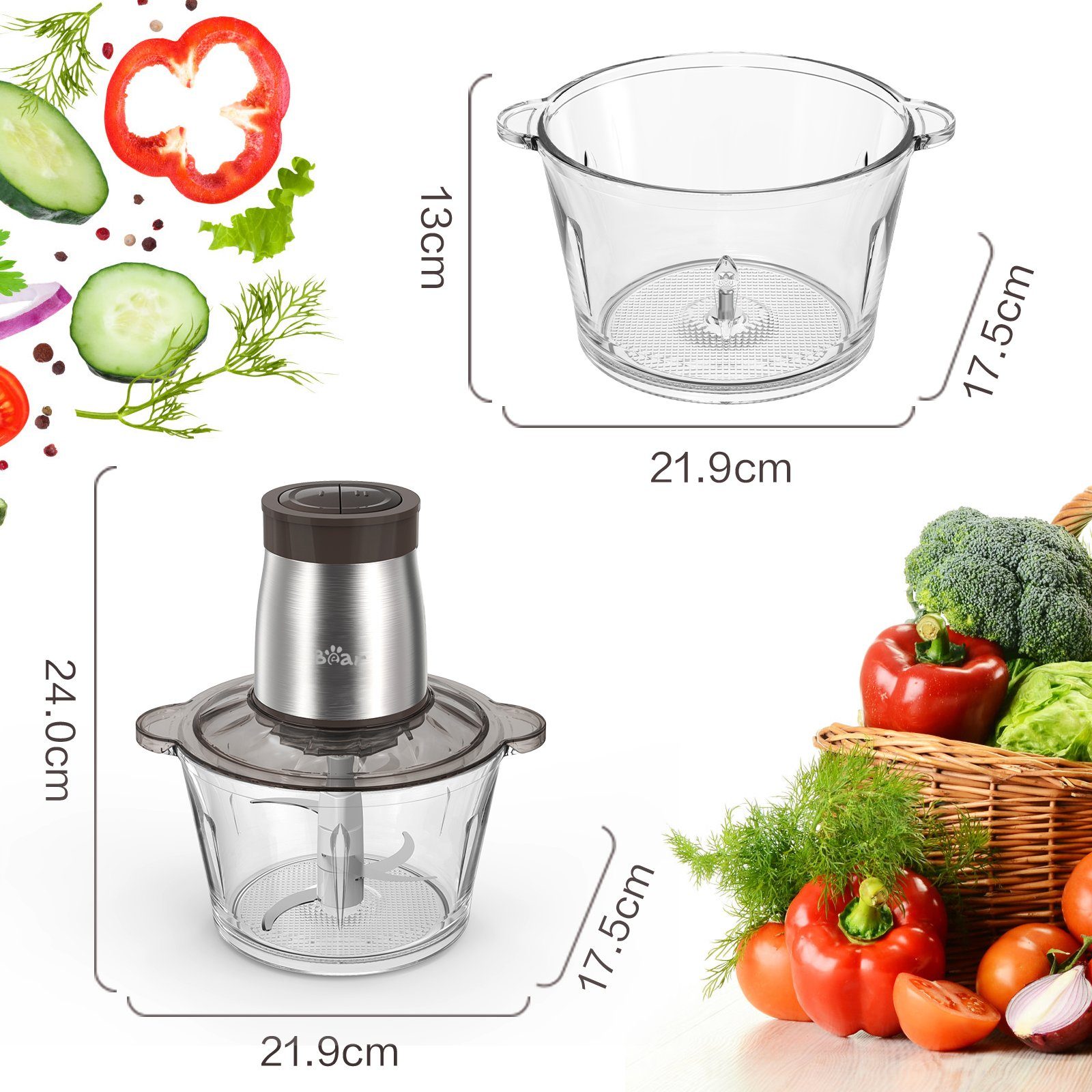 Bear Zerkleinerer elektrisch, 300,00 W, 2 L, 2600 r/min, 2 Geschwindigkeitsstufen