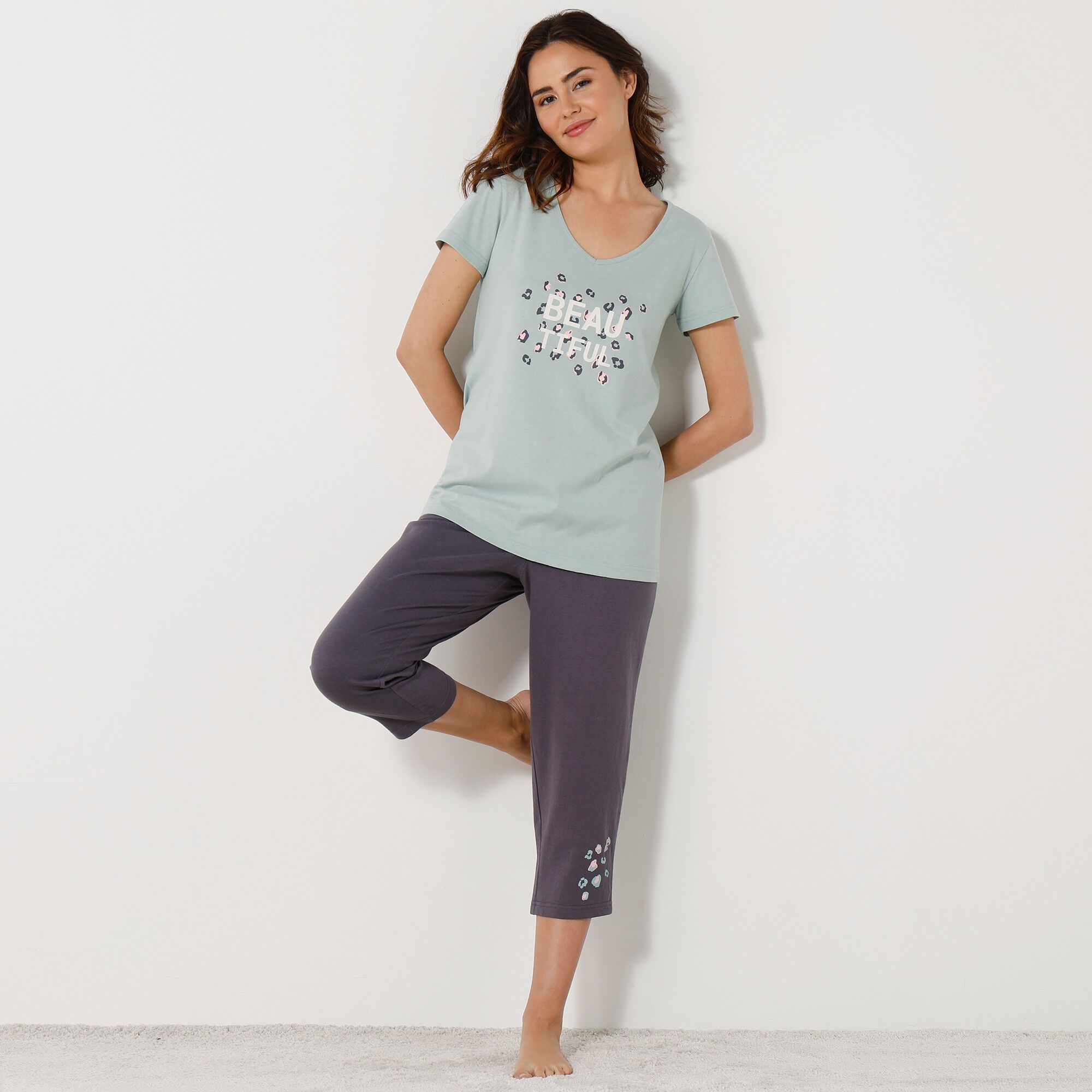 Tee-shirt manches courtes coton uni imprimé placé 