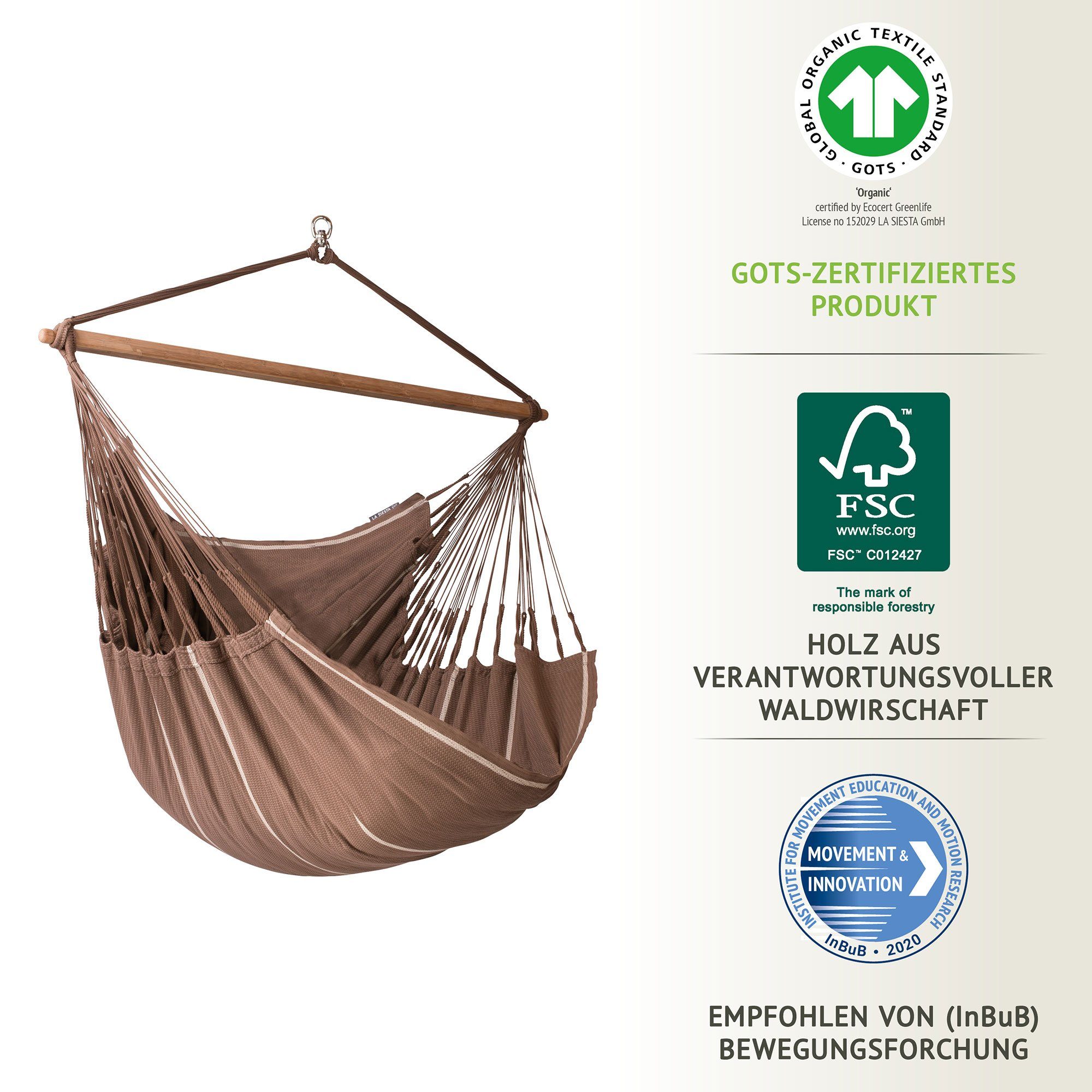 La Siesta Hängestuhl Hängestuhl Hängesessel Lounger HABANA chocolate Bio Baumwolle La Sies, Hochwertige Qualität