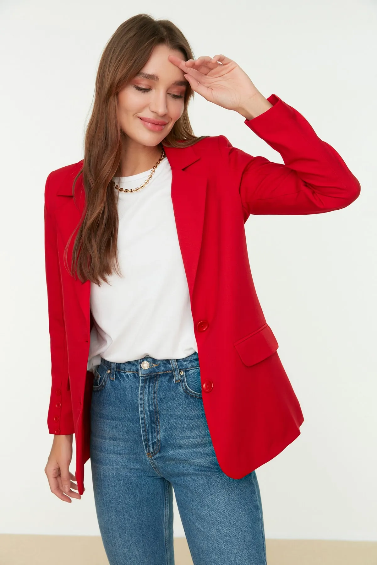 Trendyol Collection  Roter, normal gefütterter, gewebter Blazer mit Knöpfen TWOAW22CE0165