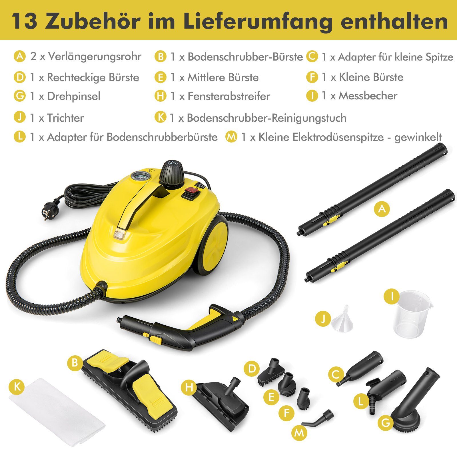 COSTWAY Dampfreiniger, 2000,00 W, 1,8 L Tank, 13 Zubehörteile, bis 108m²