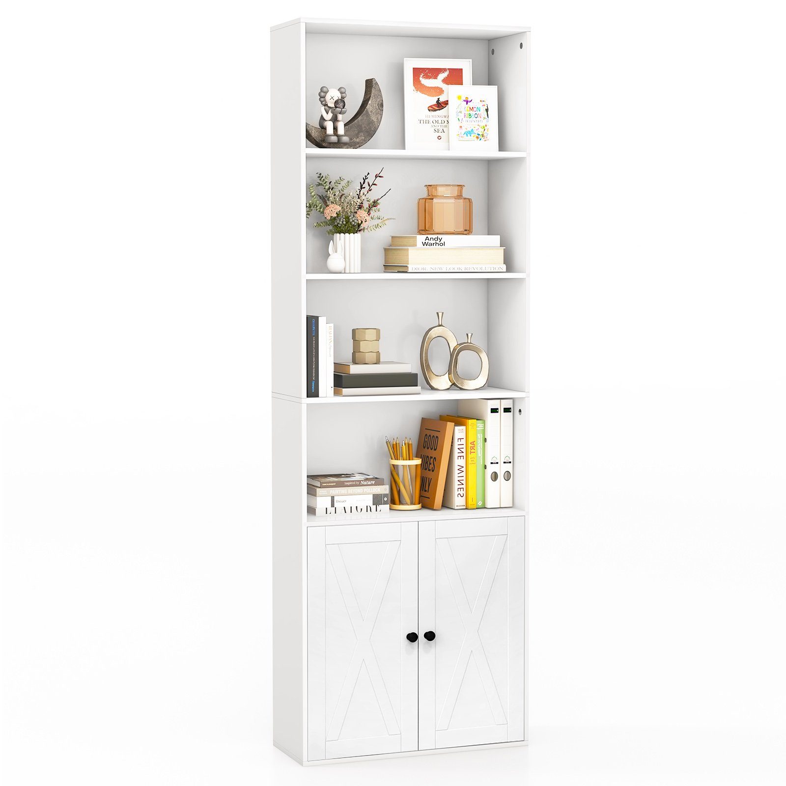 COSTWAY Bücherregal, 180cm Bücherschrank mit Türen & 4 offenen Fächern