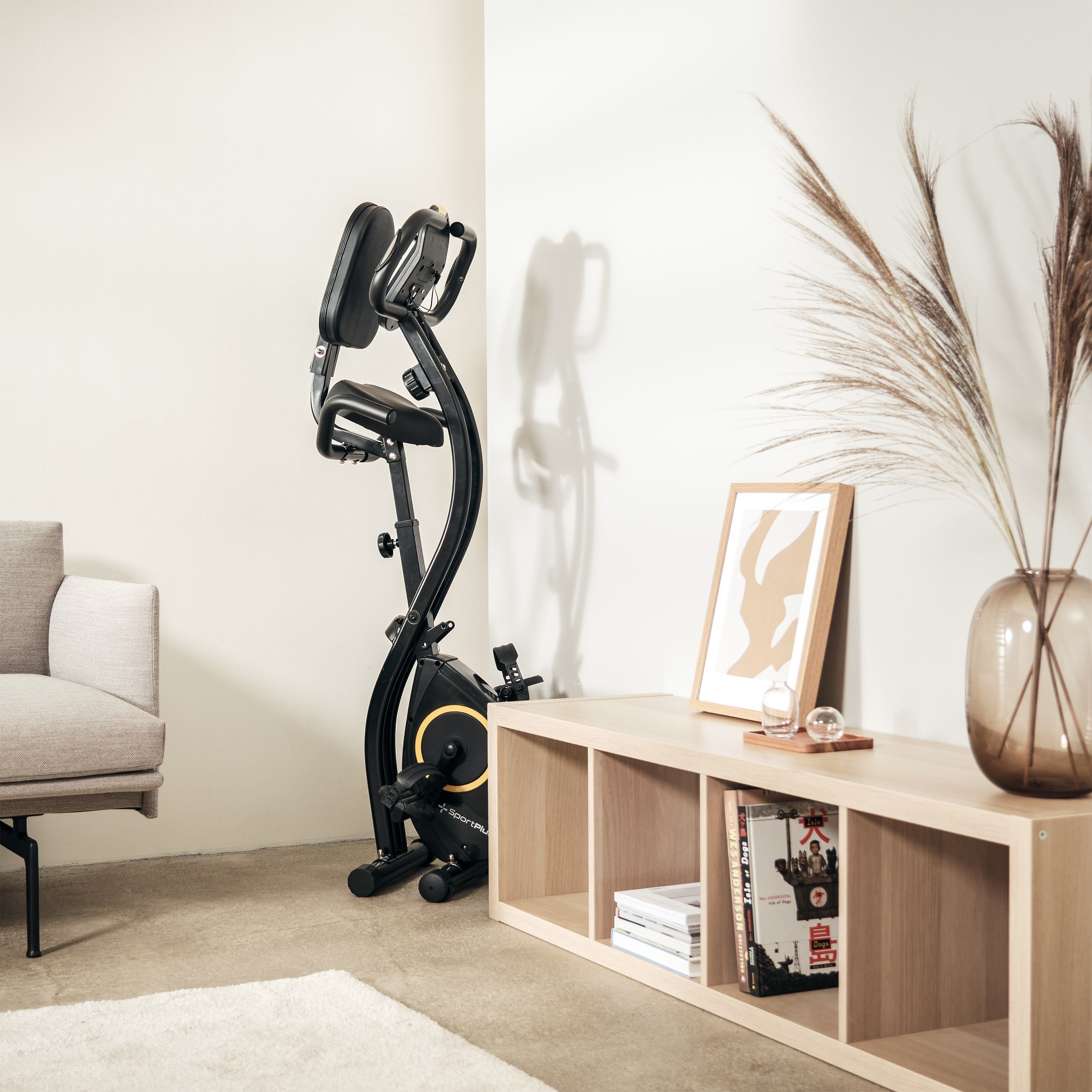 SportPlus Heimtrainer SP-HT-1300-B-iE, Heimtrainer, X-Bike, klappbar für Zuhause, Rückenlehne, 8 Stufen