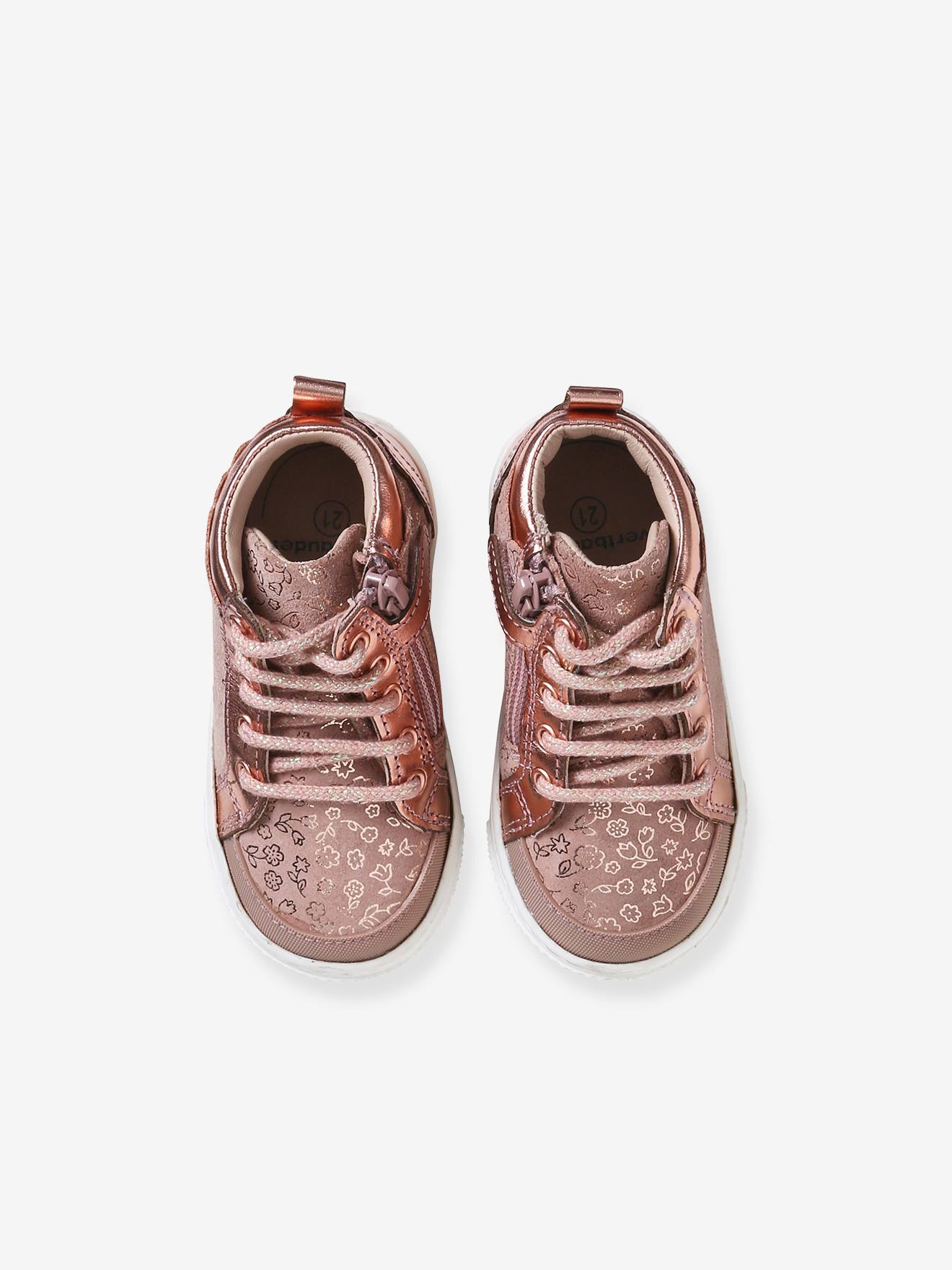 Baskets montantes en cuir lacées et zippées bébé rose imprimé