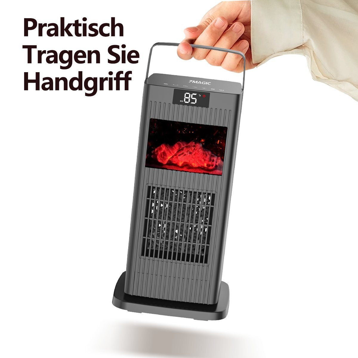 7Magic Heizlüfter Energiesparender Heizgerät 1500W Heizstrahler Leise Standheizstrahler, 1500 W, Elektro Kamin,90° Oszillierend Elektroheizung,12 Std. Timer