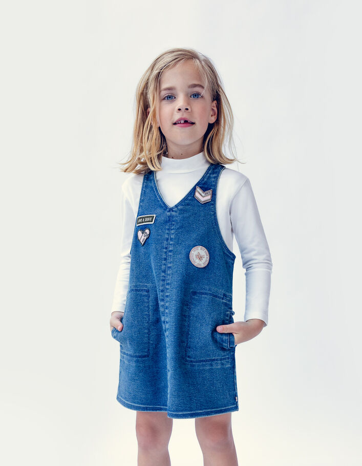 Robe 2-en-1 en jean bleu et T-shirt à col brodé fille