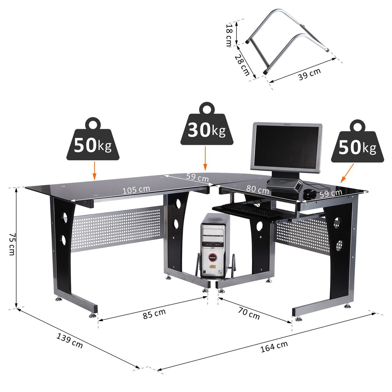 HOMCOM Computertisch Eckschreibtisch PC Tisch Bürotisch mit Sicherheitsglas Büro