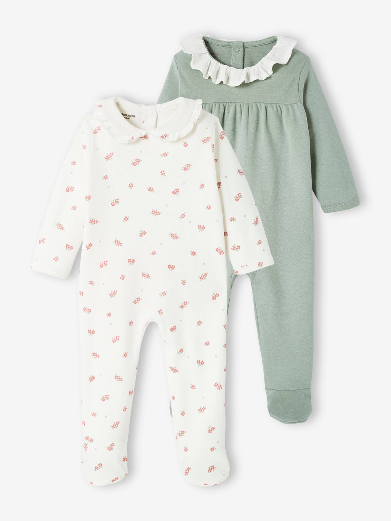 Lot de 2 dors-bien interlock bébé fille col en gaze de coton vert sauge