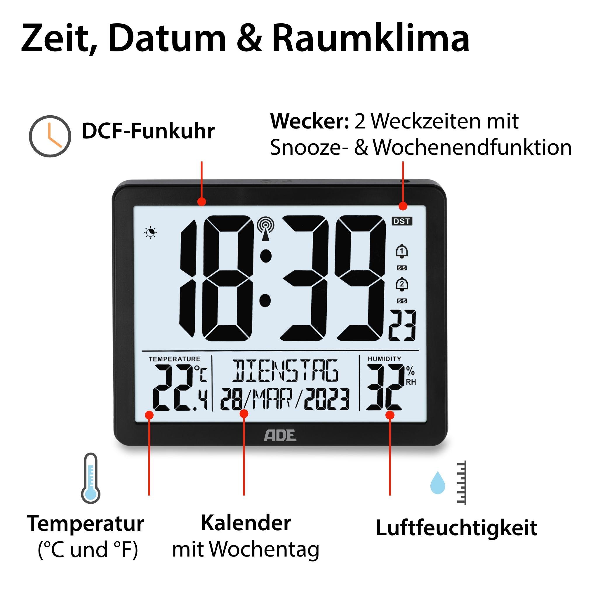 ADE Funktischuhr Digitale Tischuhr Wecker mit Thermometer und Hygrometer 2 Weckzeiten, ausgeschriebener Wochentag, zum Hängen oder Stellen