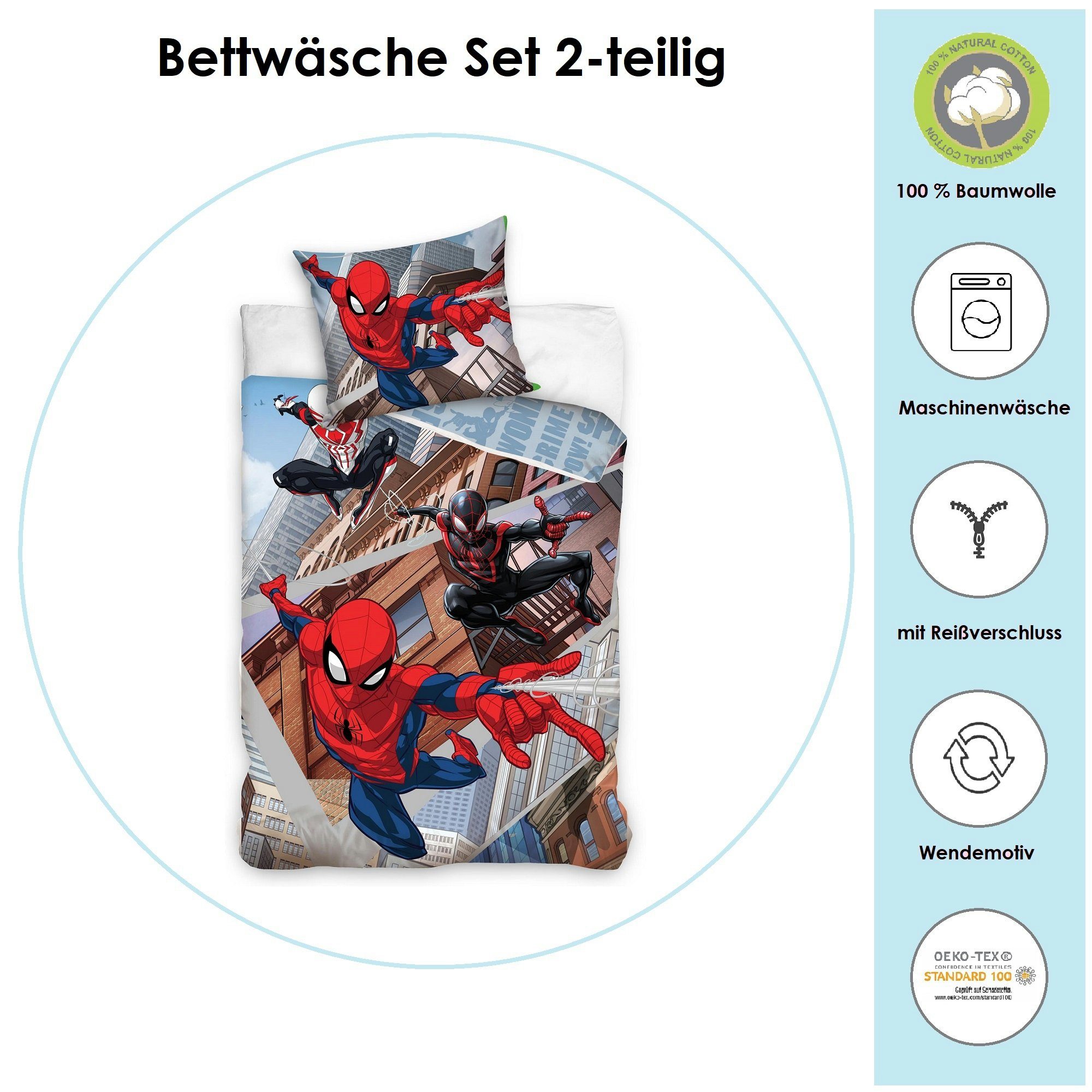 Kinderbettwäsche Spiderman Blau für Jungen 135x200 80x80cm aus 100% Baumwolle, Familando, Biber, 2 teilig, mit Wendemotiv Spiderman in rot, weiß und schwarz