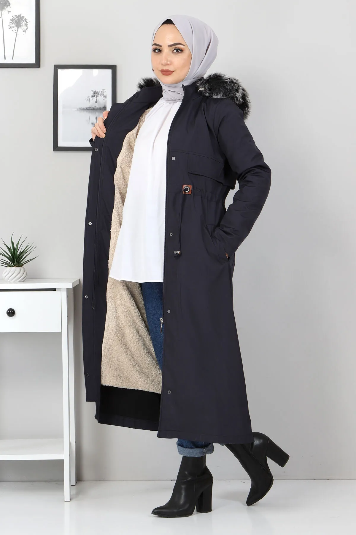 Tesettür Dünyası  Taillengeschnürter Mantel Tsd1932 Marineblau