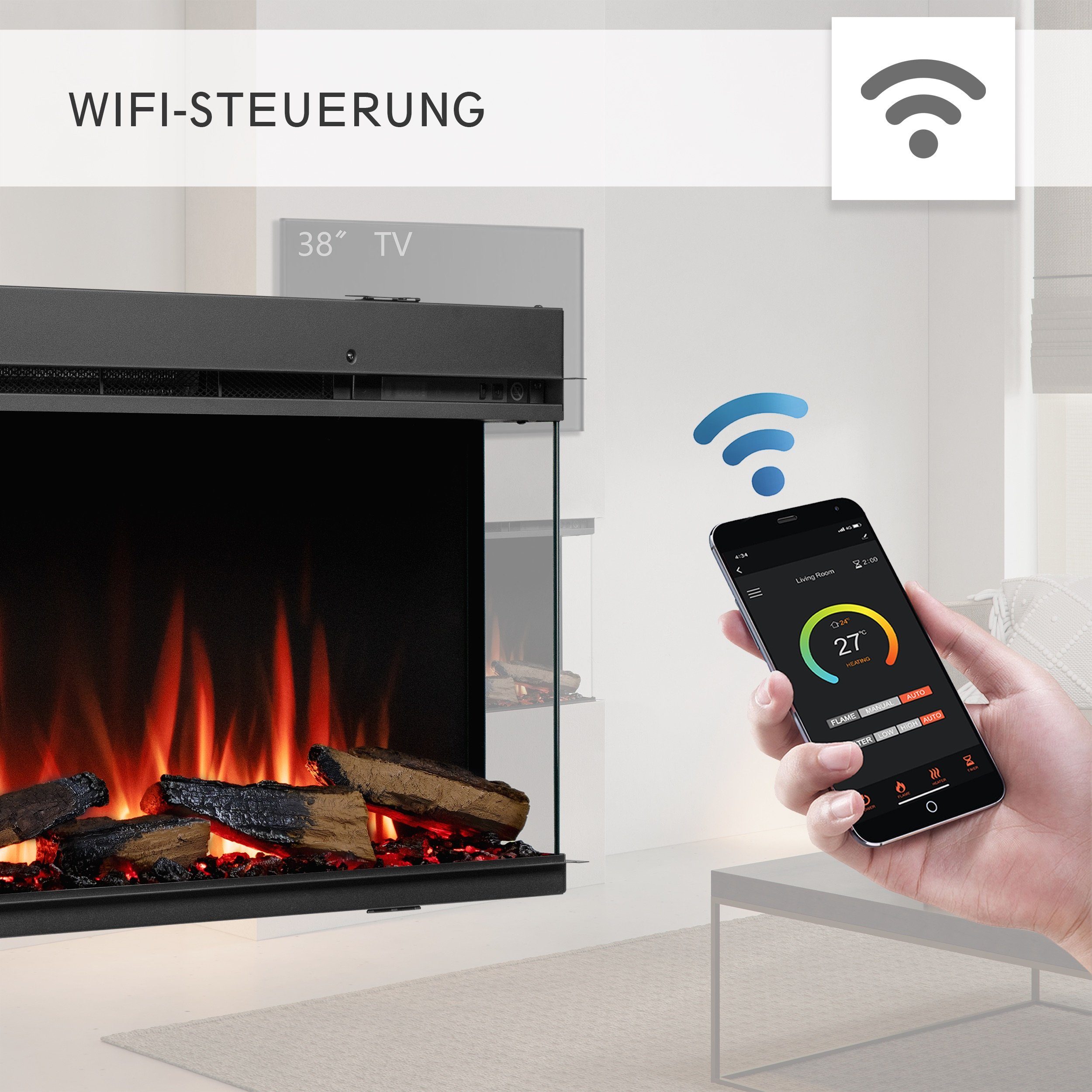 RICHEN Elektrokamin Athena, Elektrischer Einbaukamin mit Heizung 1500W, 3D-Flammen, Fernbedienung