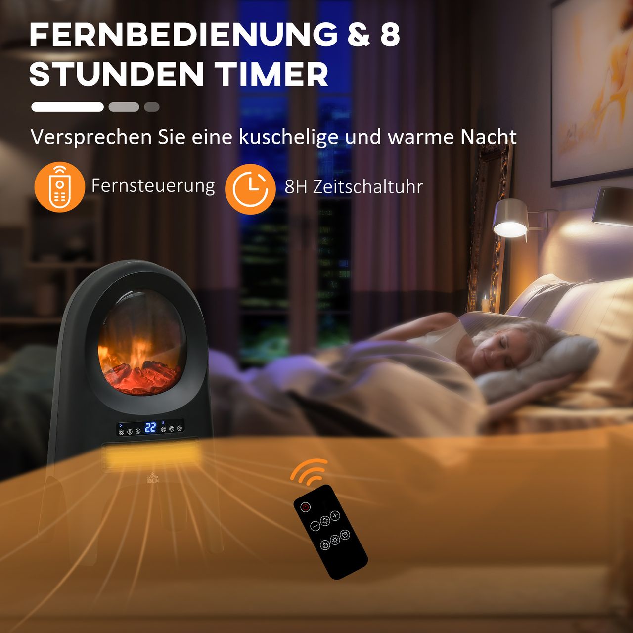 HOMCOM 3 Modi Keramik Heizlüfter mit Timer 2000 W Elektroheizung mit LED-Flammen und -Display Raumheizkörper mit Überhitzungs- und Kippschutz mit Fernbedienung für Innen Wohnräume 33,7x25,5 x60,4cm