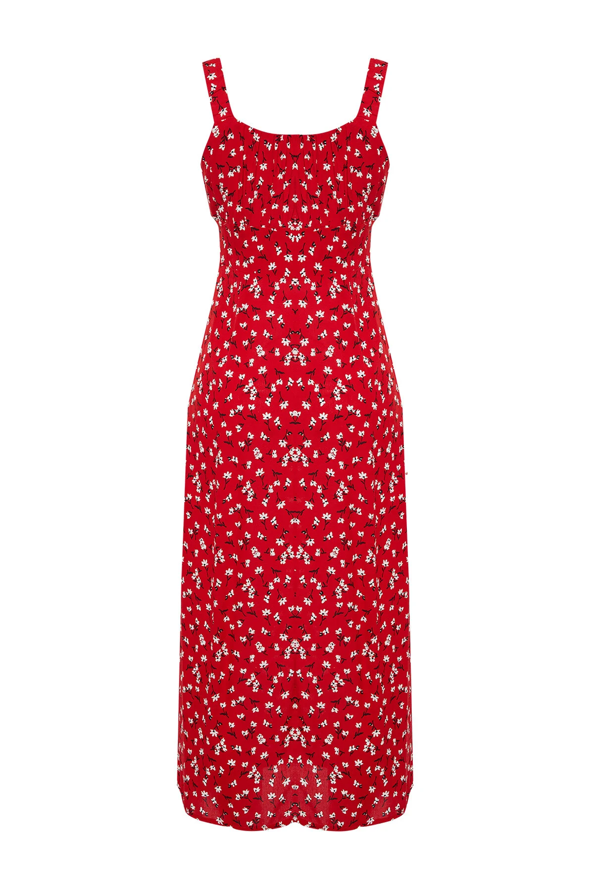 Trendyol Collection  Rotes Maxikleid aus 100 % Viskosegewebe mit Blumenmuster und Schlitzdetail, quadratischem Ausschnitt, TWOSS24EL00613