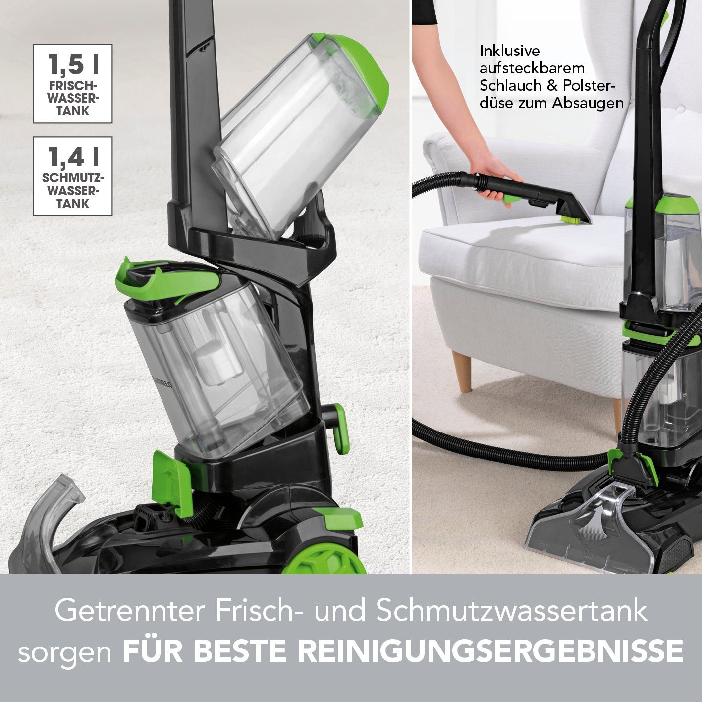 CLEANmaxx Teppichreinigungsgerät Teppichreiniger Professional Vibrations- und Seitenbürsten, 800 W, inkl. Shampoo & Ersatzbürste