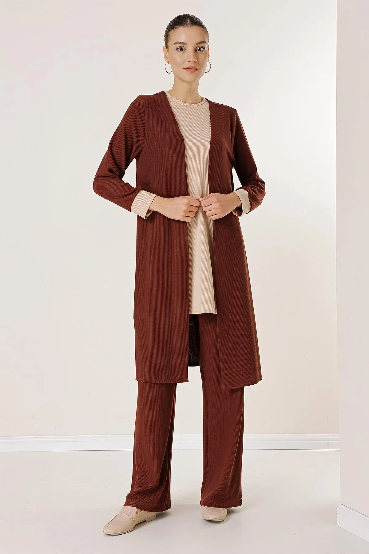 By Saygı  Ärmellose Tunika, elastische Taille, Hose, lange Strickjacke, gestrickt, 3-teiliges Set