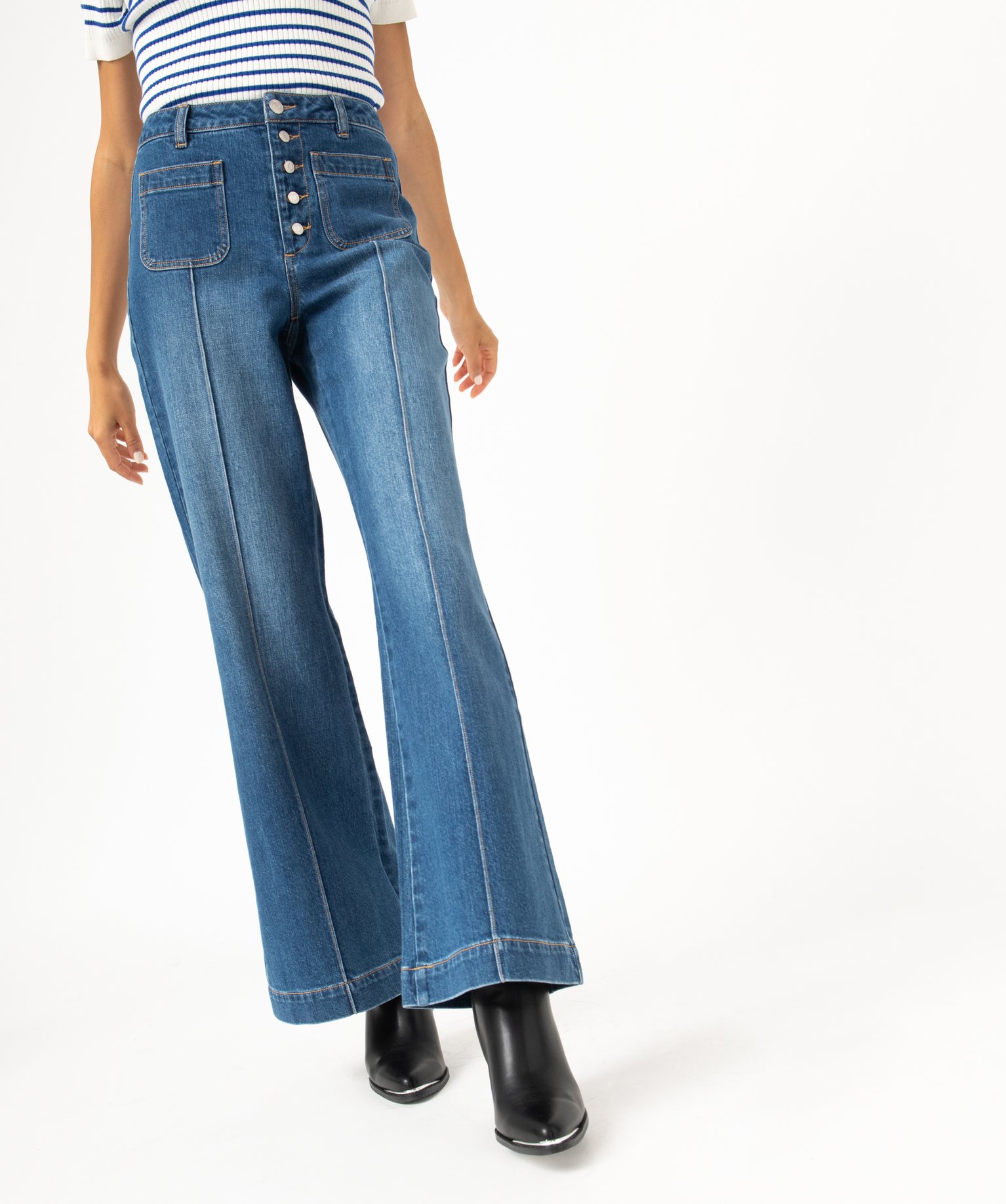 Jean "Wide legs" taille haute avec braguette boutons femme stone | GEMO