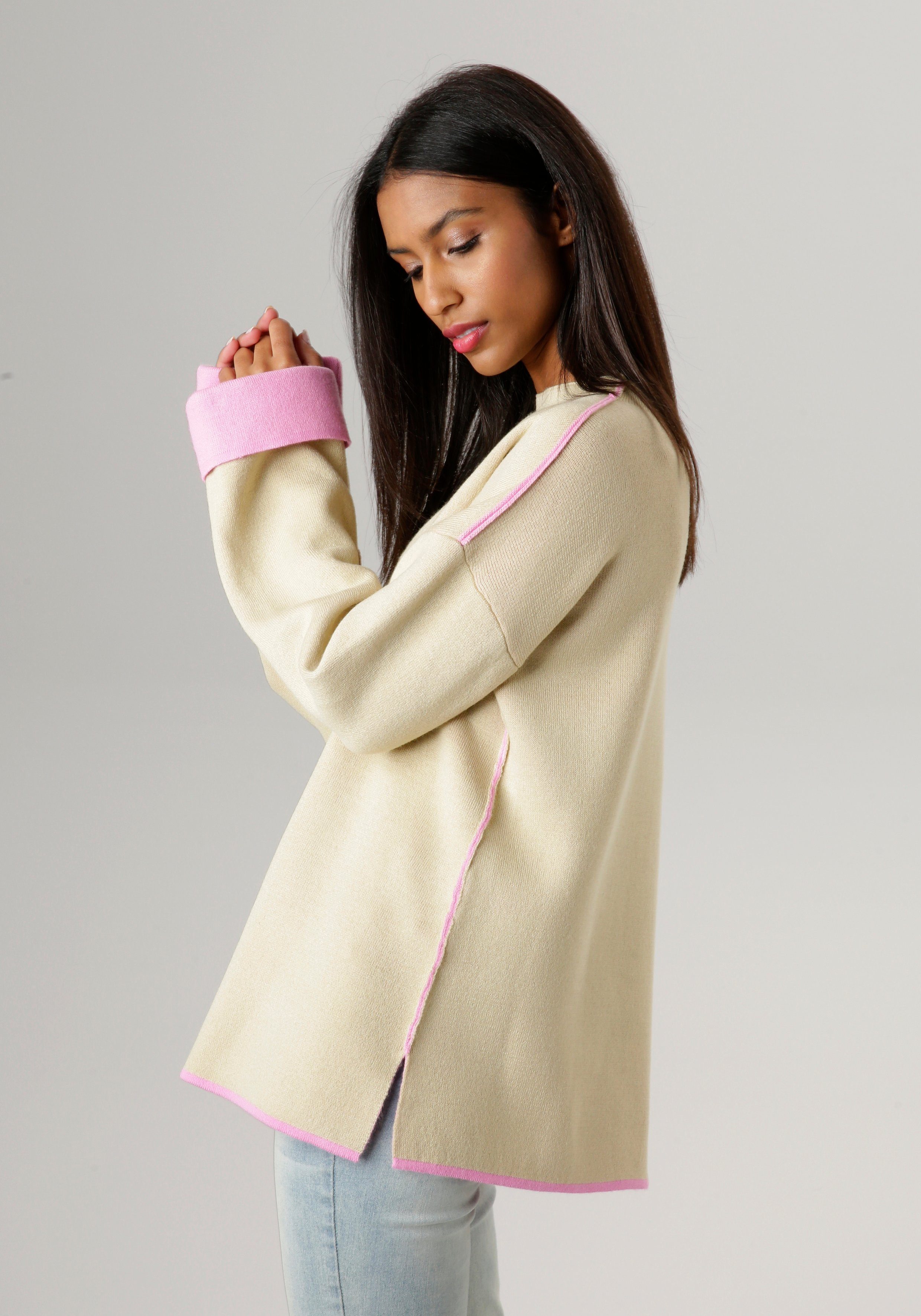Aniston SELECTED Strickpullover mit rosafarbenen Zierkanten - NEUE KOLLEKTION