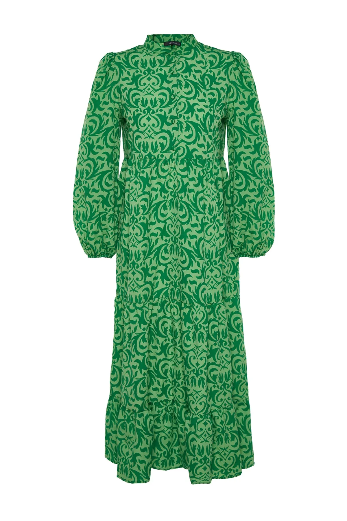 Trendyol Modest  Grünes, gemustertes Kleid aus gewebter Baumwolle mit halber Knopfleiste und weiter Passform TCTSS23EB00222