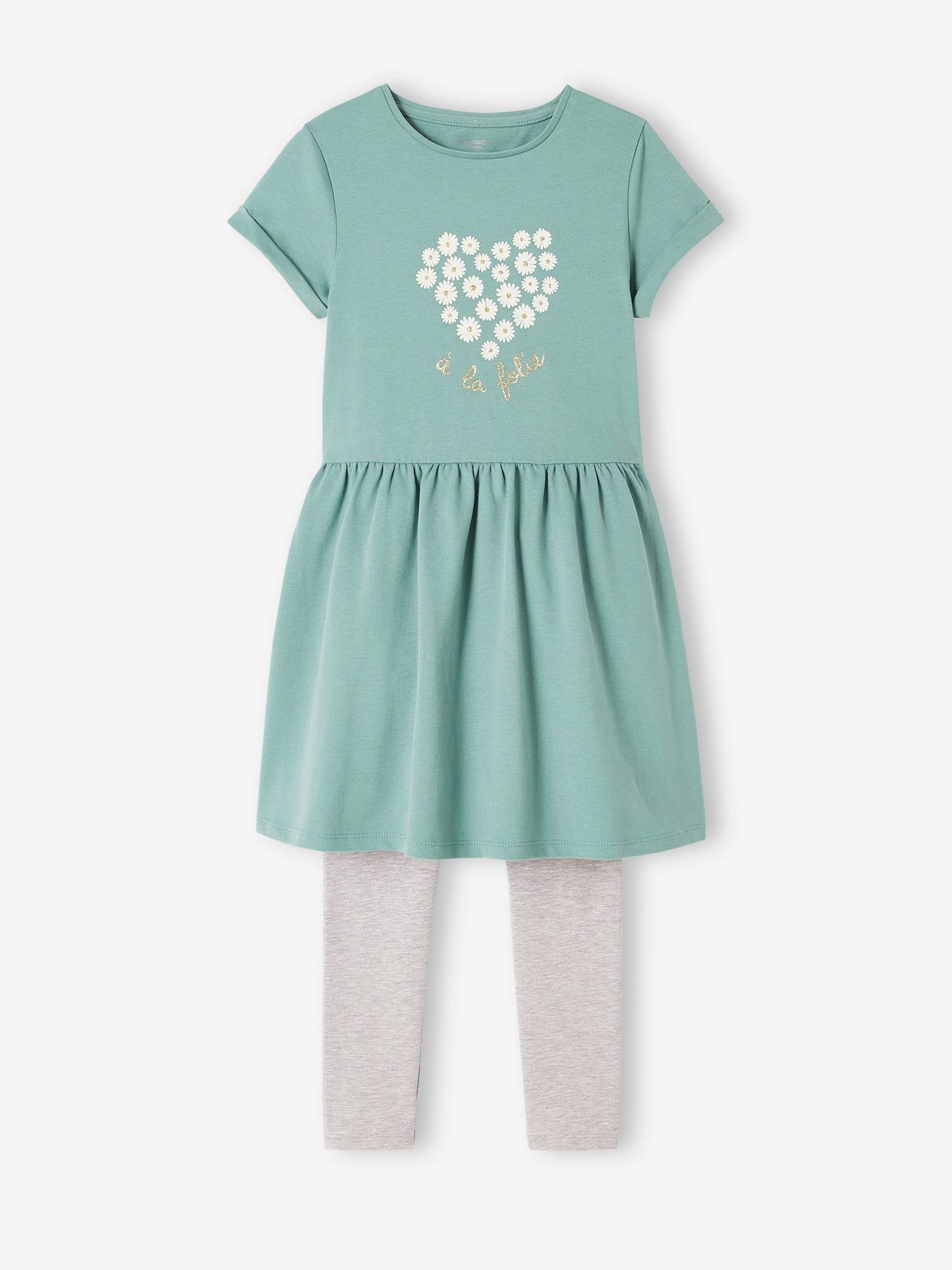 Ensemble 2 pièces robe et legging fille détails irisés vert émeraude