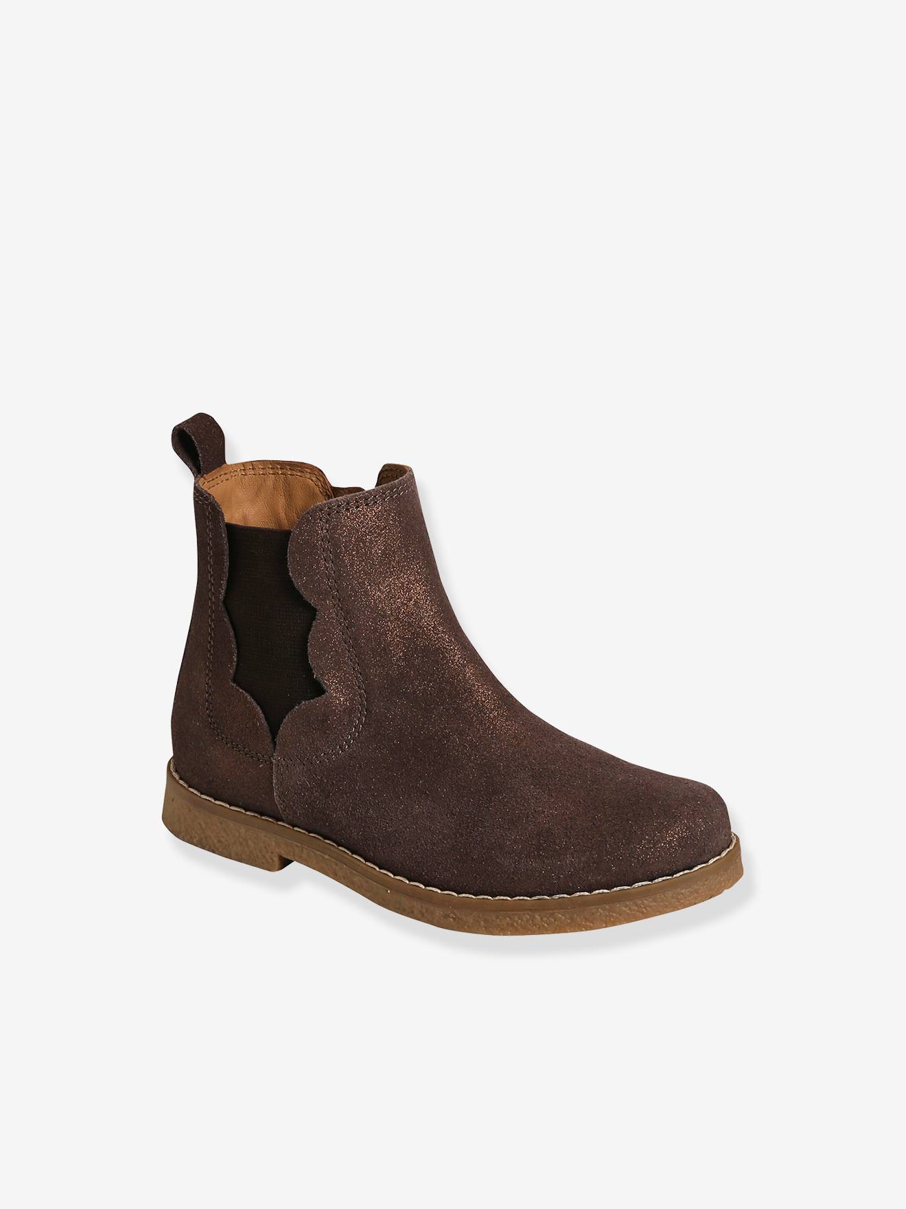 Boots cuir fille zippées et élastiquées marron irisé