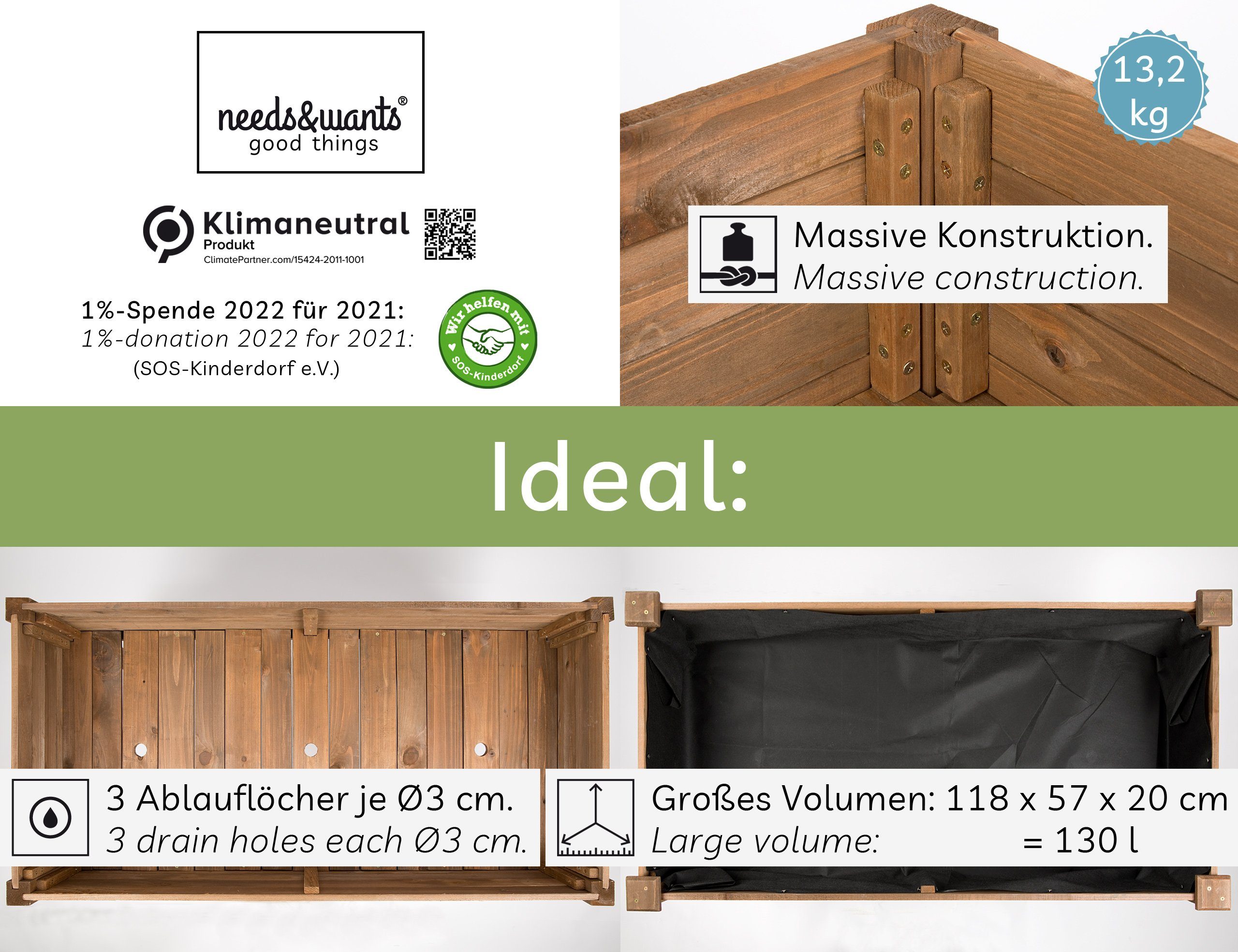 needs&wants® Hochbeet aus Holz für Garten Balkon Terrasse groß, Pflanzkasten Bausatz XL rechteckig schmal mit Vlies-Folie, Kräuterbeet Pflanzenkasten deko, 125 x 64 x 75 cm, dunkel-braun