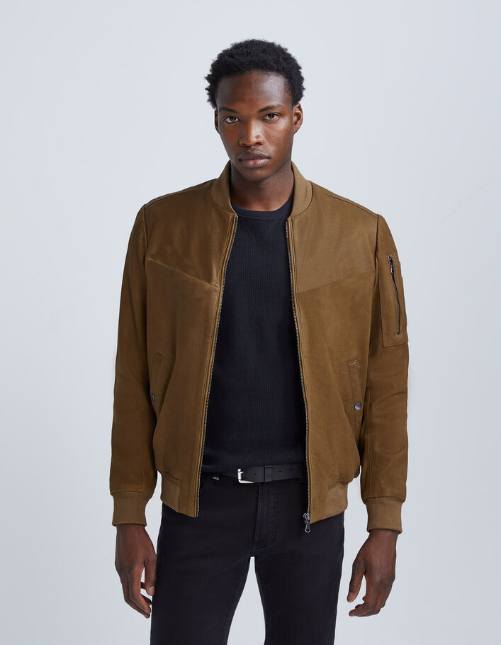 Bomber beige en cuir à poches zippées Homme