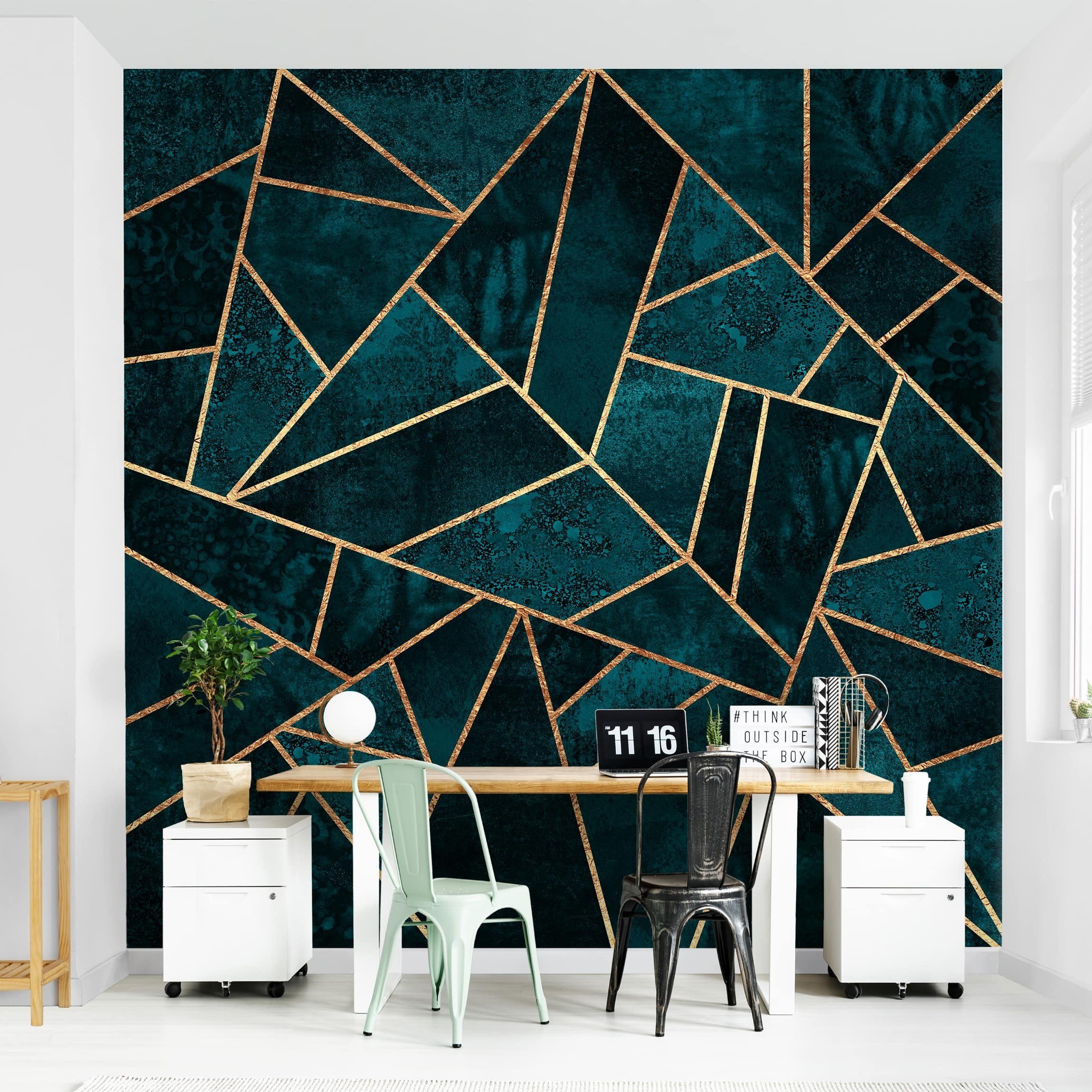 Bilderdepot24 Vliestapete Abstrakt Dunkles Türkis Gold Tapete Wanddeko Modern Kunst, Glatt, Matt, (Inklusive Gratis-Kleister oder selbstklebend), Wohnzimmer Schlafzimmer Küche Flur Fototapete Motivtapete Wandtapete