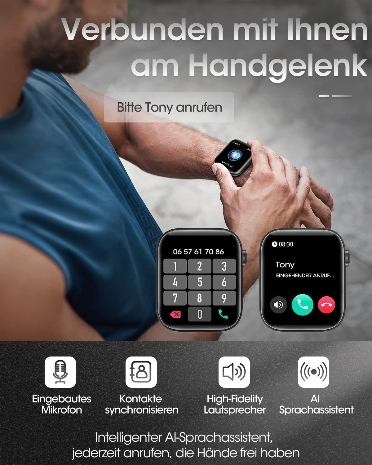 Yuede Smartwatch, Fitness Uhr mit Anruffunktion für Damen und Herren Smartwatch (9h Kratzfestes Voll Touch Display cm/1.8 Zoll) Armbanduhr mit Schrittzähler, Pulsuhr, Blutdruckmessung und Blutzuckermessung(Spo2), Ip67 Wasserdichte Sportuhr mit 120 Tr