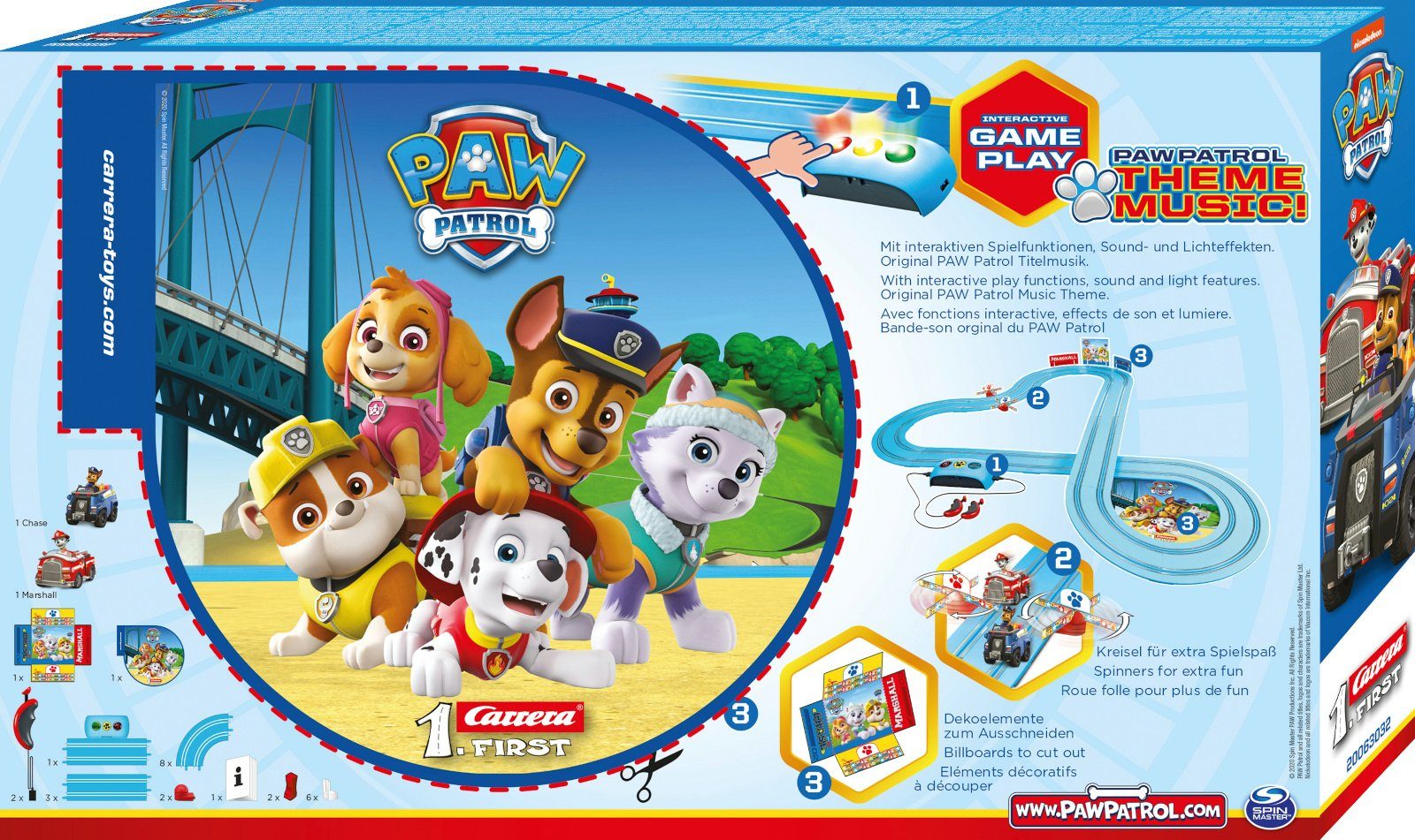 Carrera® Autorennbahn FIRST Rennbahn PAW PATROL Race 'N' Rescue Komplettset ab 3 Jahren (Streckenlänge 3.5 m), inkl. 2 Spielzeugautos