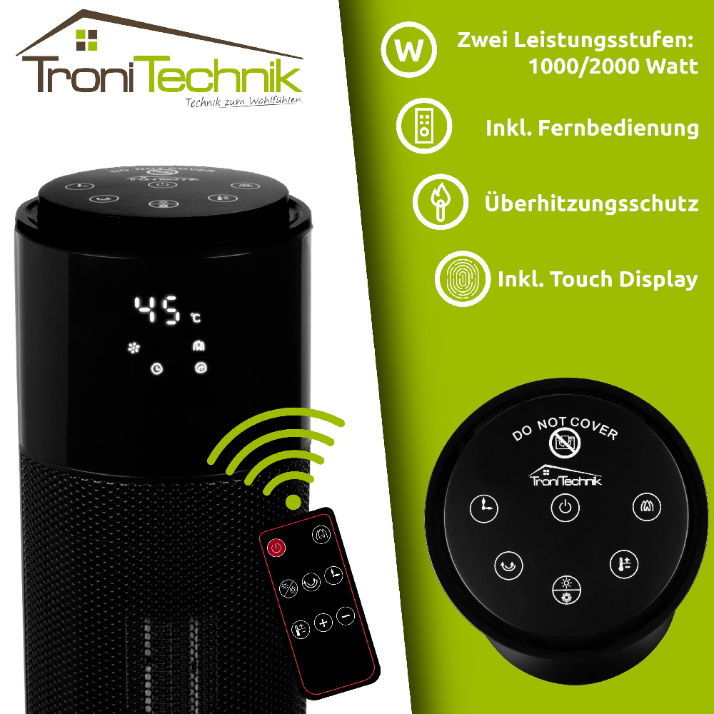 TroniTechnik Turm-Keramikheizer 2kW TT-KH-073 mit Kaminfunktion