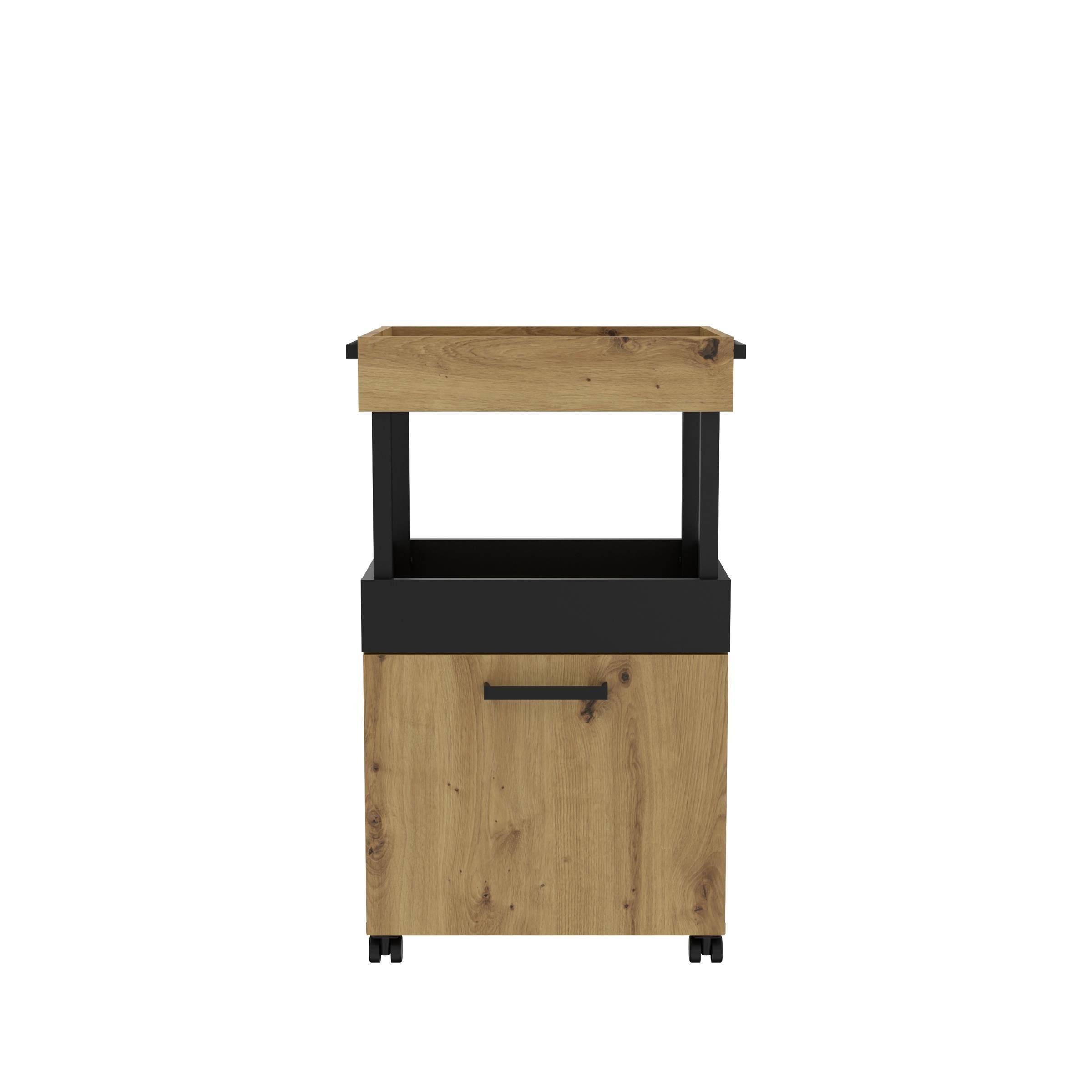möbelando Barschrank Hydra Barschrank im modernen Industrial-Design aus Spanplatte in Artisan Eiche Nachbildung / Schwarz matt mit 1 Holztür, 2 Ablageböden und 4 Rollen. Breite 50,2 cm, Höhe 88,2 cm, Tiefe 41,1 cm