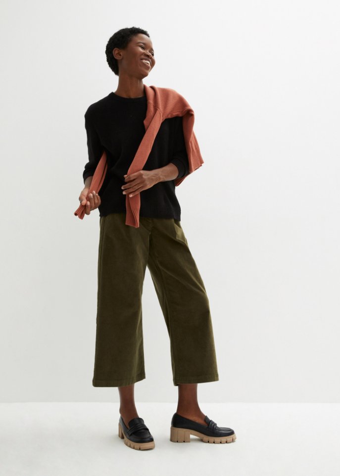 Weite Stretchcord-Culotte mit High-Waist-Bequembund, 7/8-Länge
