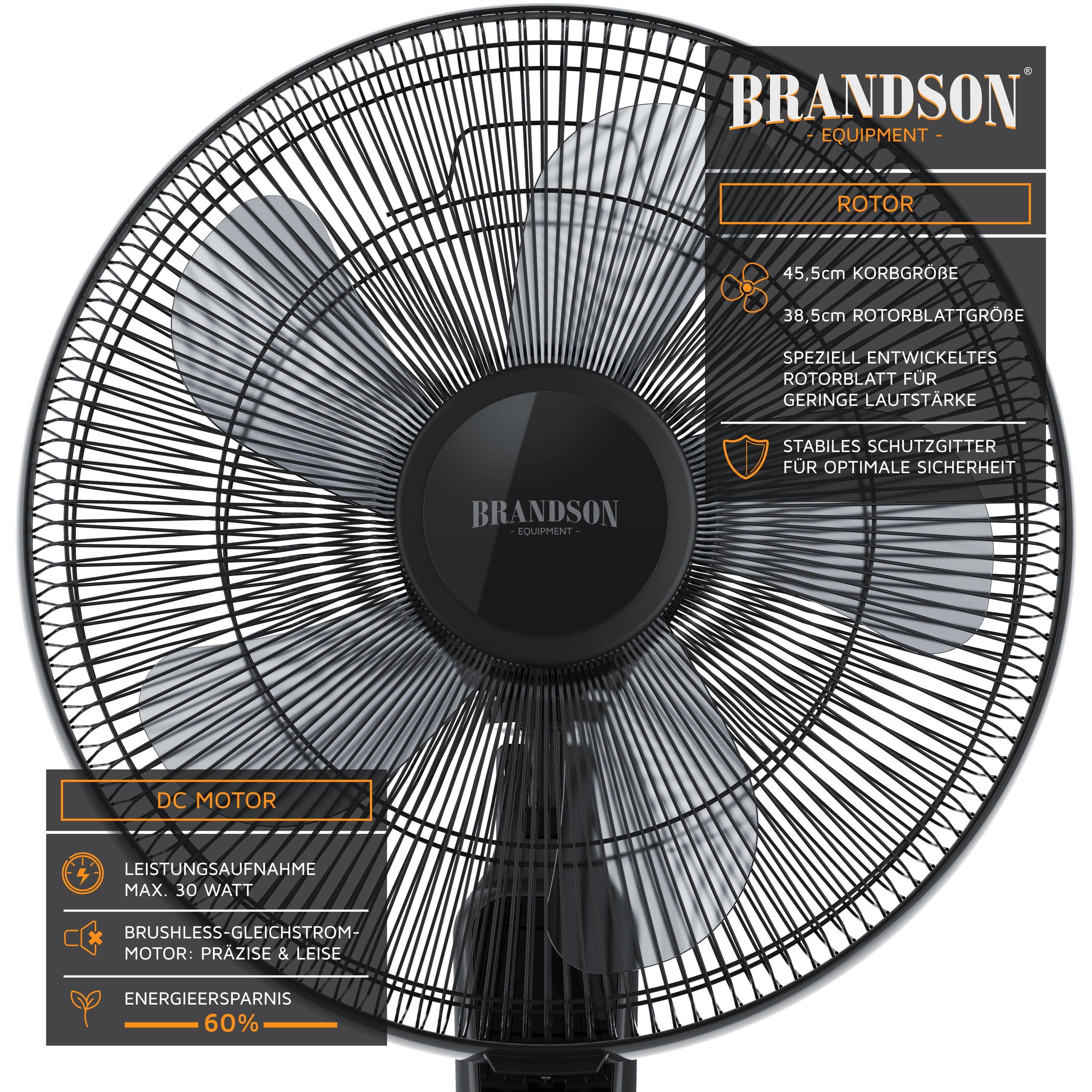 Brandson Standventilator, 45,5 cm Durchmesser, DC, leise, Fernbedienung, energiesparend, Oszillation, 25 Stufen