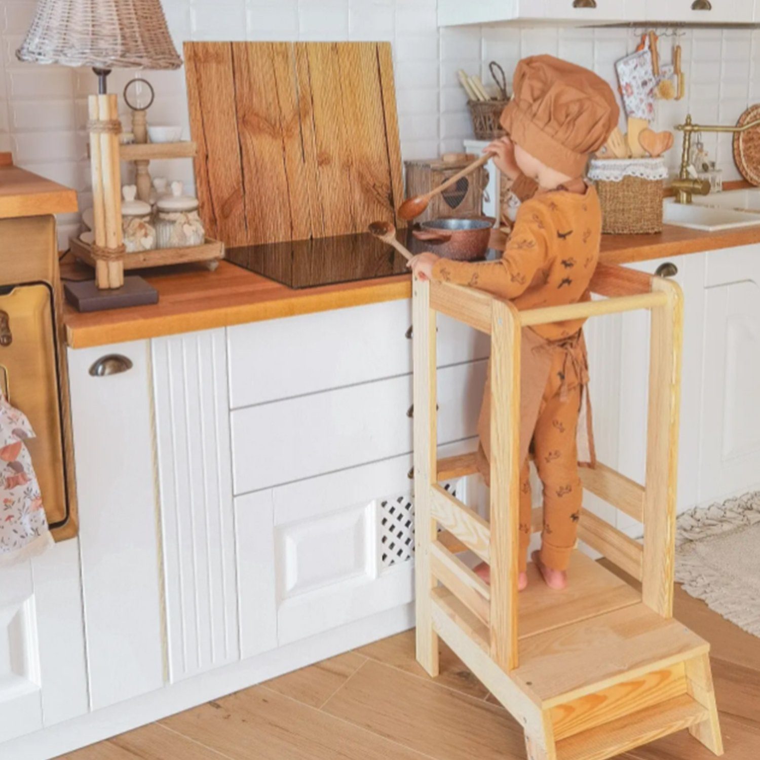 MeowBaby Stehhilfe Lernturm für Kinder Montessori Lernstuhl Blau (1 St), Kinderhocker, Höhenverstellbar, Abgerundete Ecken & Kanten
