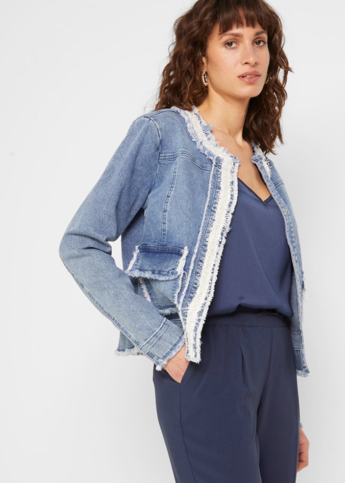 Jeansjacke mit Tweed und Perlen